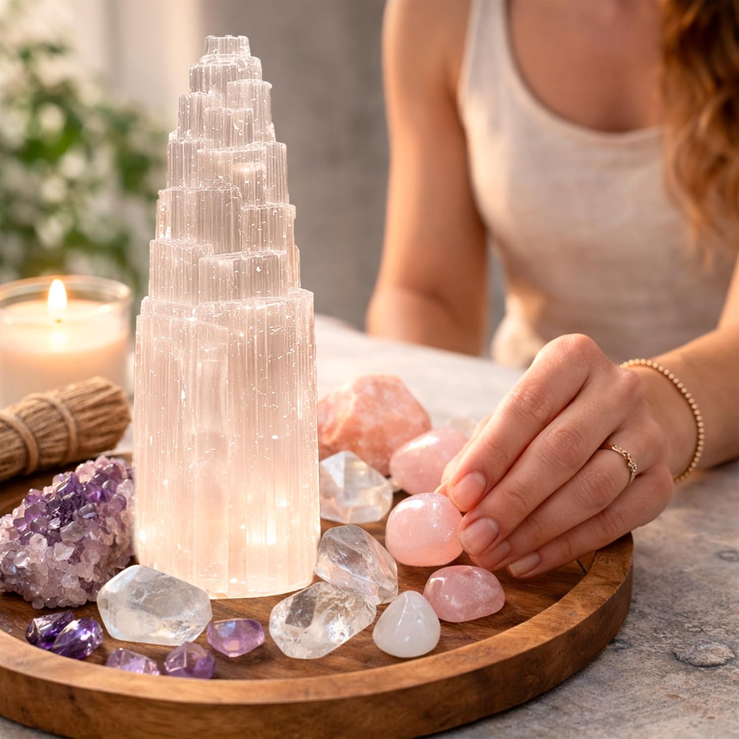 NKlaus Selenite Energy Tower 20cm - Handmade Healing Stone Pillar for Meditation, Reiki & Protection, Ideal for Room Harmonization & Spiritual Cleansing