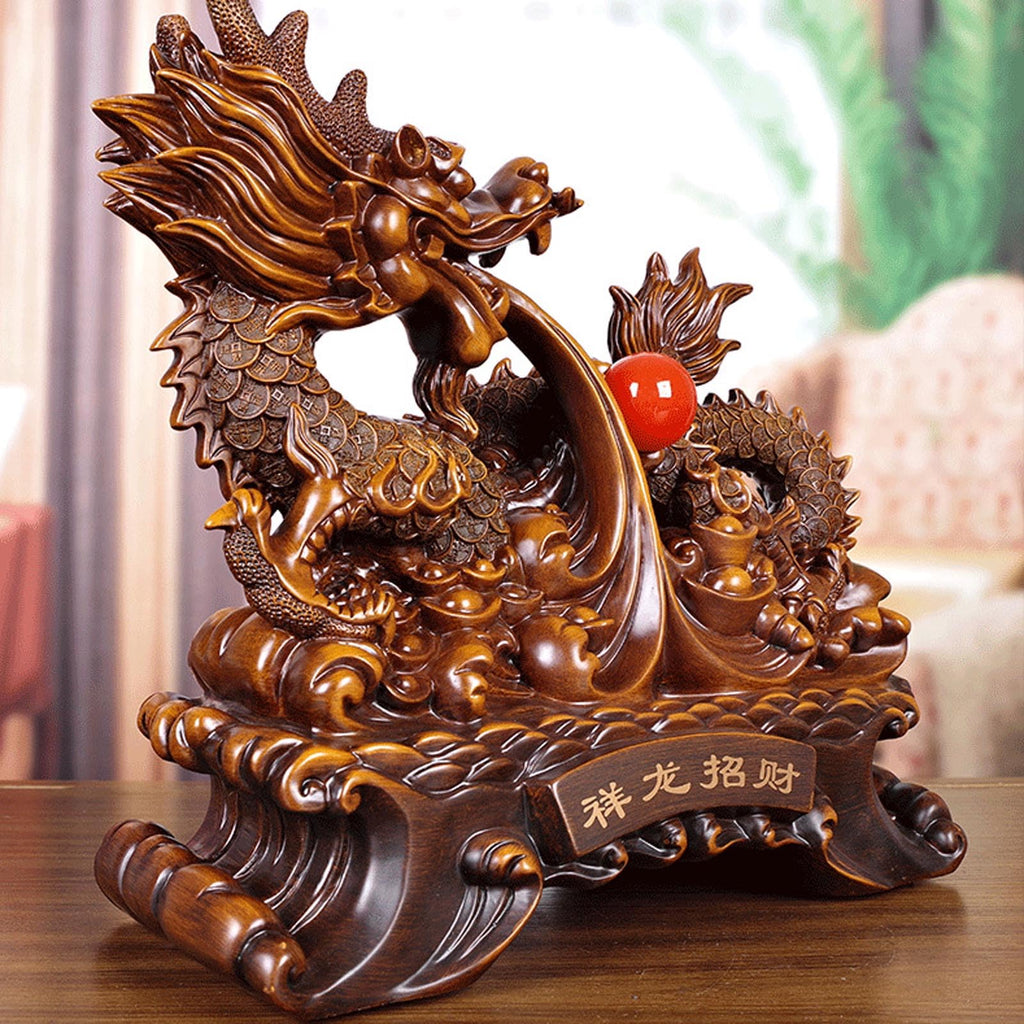 Uziqueif Feng Shui Geld Glück Glücklicher Vermögen Reichtum Chinesische Drache Statue Münze Home Büro Dekoration Tischtischornamente Gute Glücksgeschenke, Harz,Gold,33 * 17 * 31cm