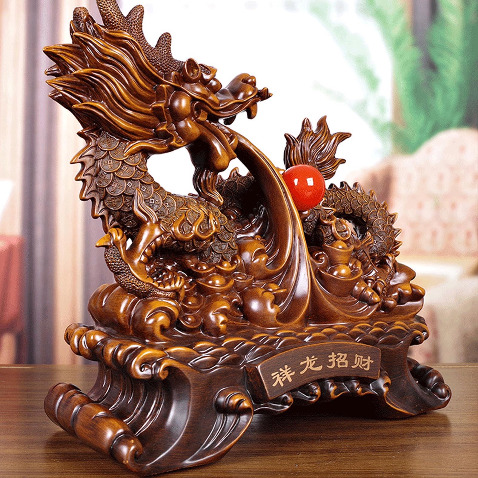 Uziqueif Feng Shui Geld Glück Glücklicher Vermögen Reichtum Chinesische Drache Statue Münze Home Büro Dekoration Tischtischornamente Gute Glücksgeschenke, Harz,Gold,33 * 17 * 31cm