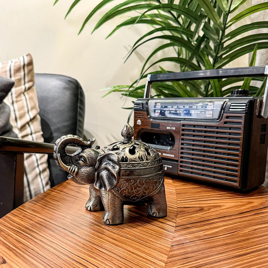 Feyarl Räuchergefäß Vintage Räucher- Elefant Metall Weihrauchbrenner Räucherstäbchenhalter mit Deckel für Hause Büro Yoga Dekoration