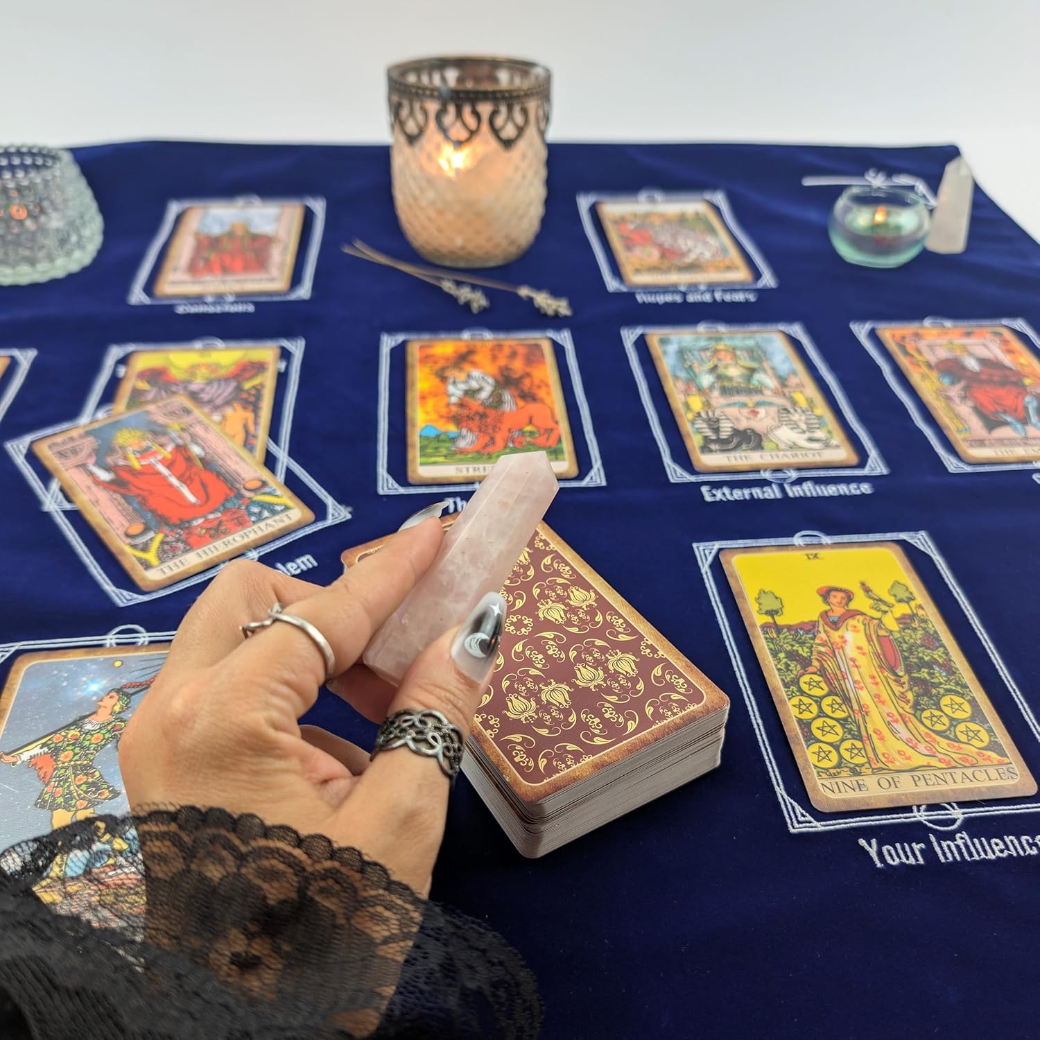 Tarot Divination Table Cloth for Reading and Altar Cloth Moon Alter, Cloth Witchy Embroidery Velvet Silk Touch Satin Celtic Cross (Blue)