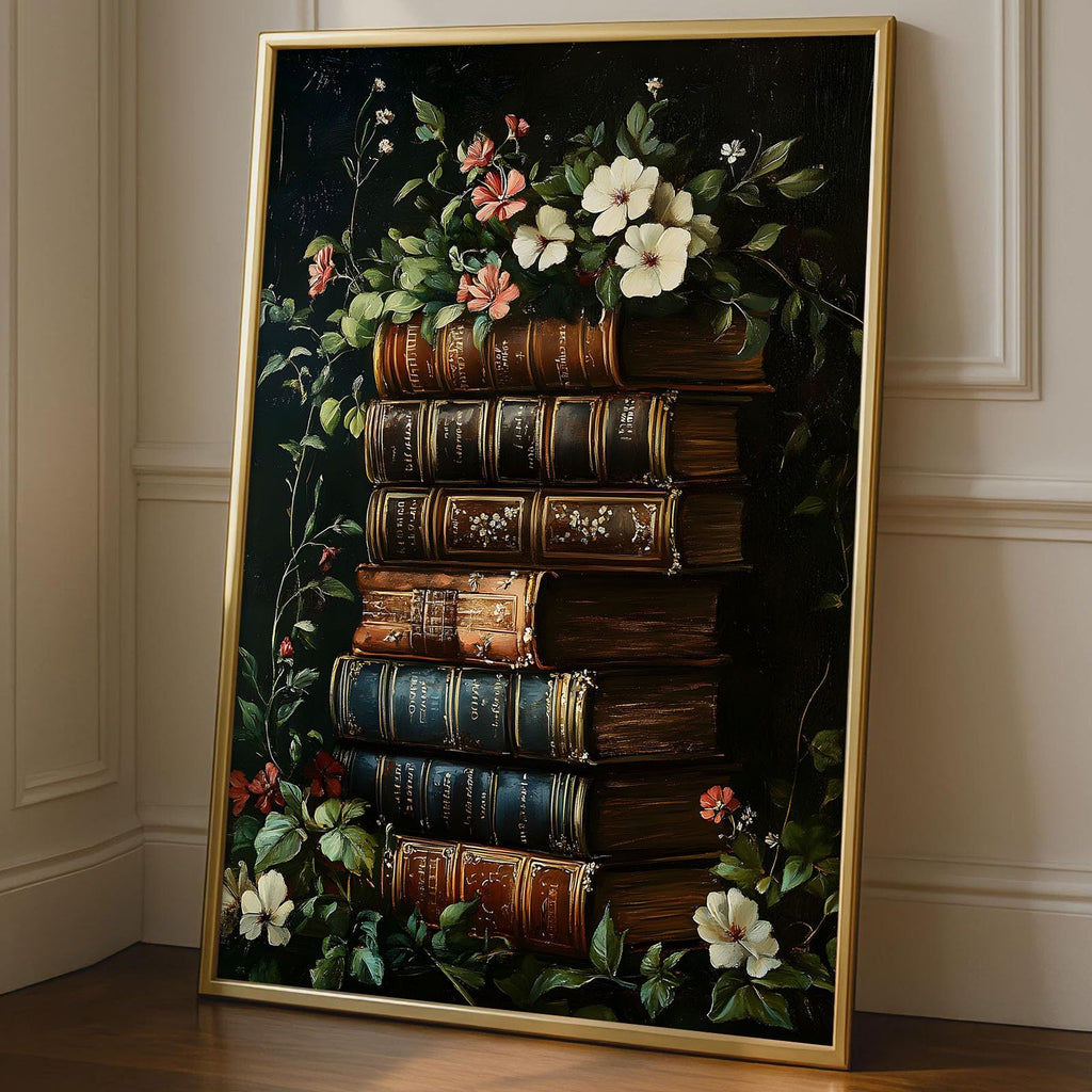 Gothic Library Wall Art Dark Academia Books Posters Moody Botanical Wildflower Wall Art Retro Green Paintings Victorian Library Prints Aesthetic Bookish Pictures for Bookstore Decor 16x24in No Frame