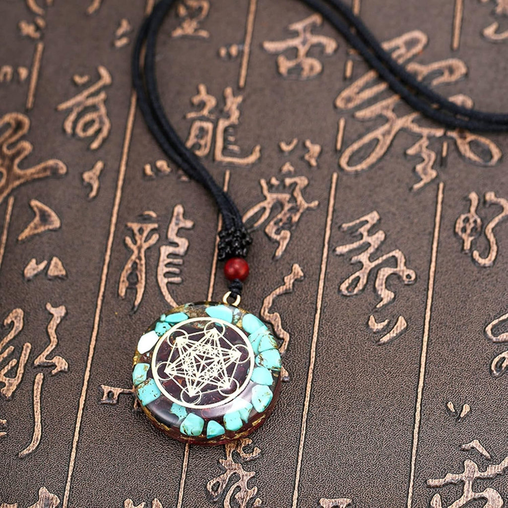 Playstala Pendant Necklace Sacred Geometry Chakra Energy Necklace Meditation Jewellery Cube Amulet, Copper metal, Amethyst