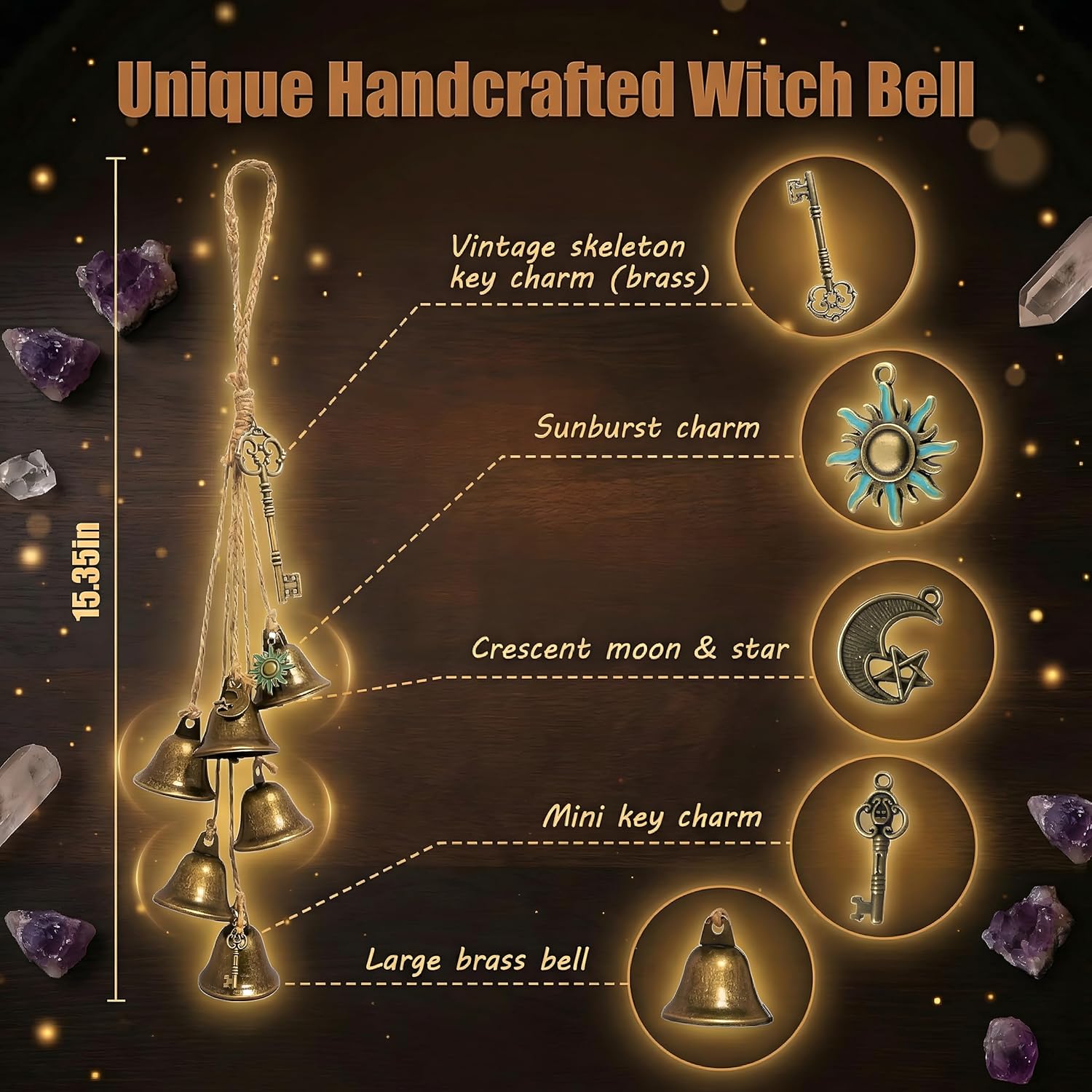 Witch Bells for Door Knob for Protection, 2 Pack Handmade Witch Bells 13.5 & 12.2 Inch with Brass Bells and Spell Jars, Vintage Boho Witchy Decor Witchcraft Supplies Wiccan Gifts for Home Wall Door