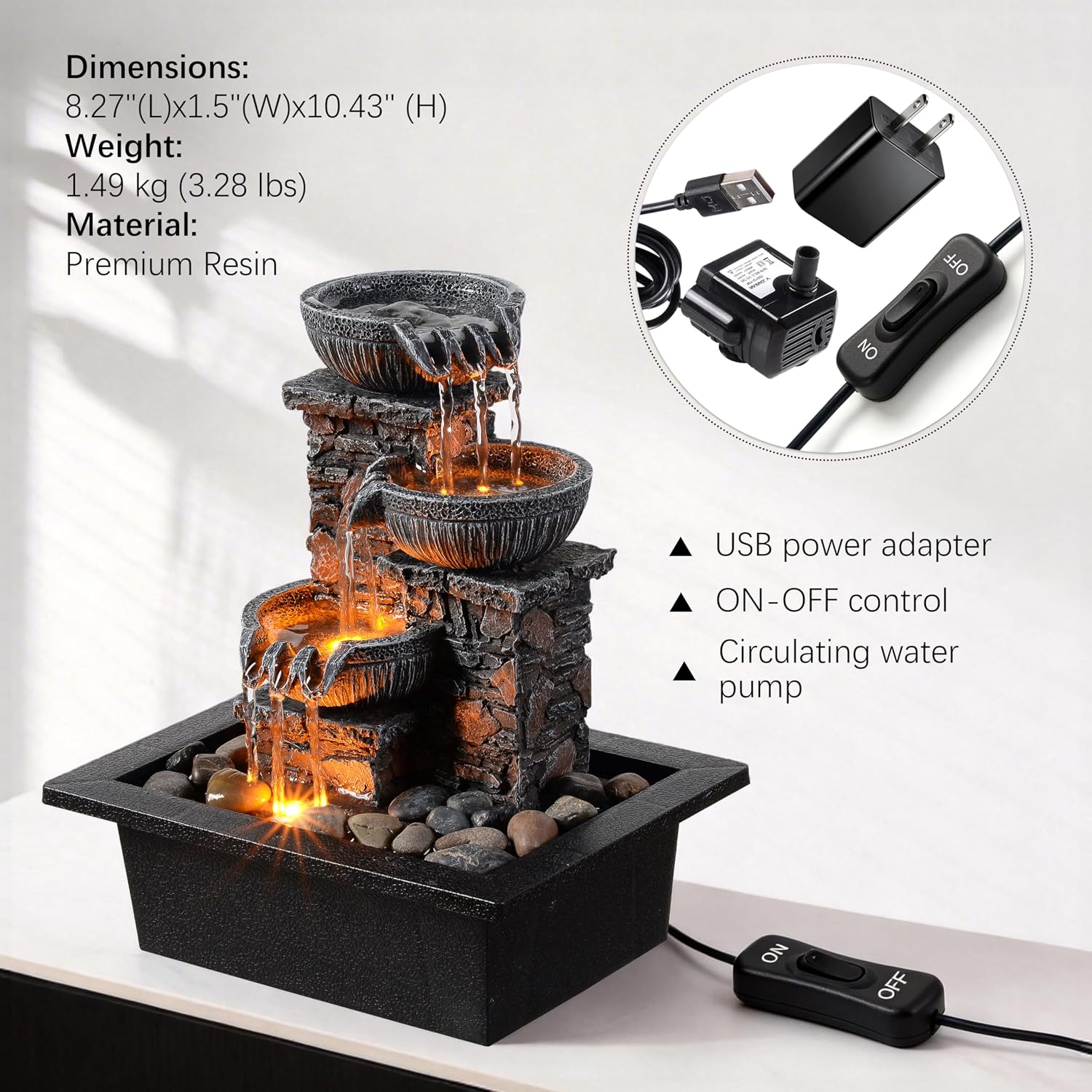 Kalona Tabletop Waterfall Fountain 3 Bowls with LED Light, Soothing Water Flow Sound, Zen Meditation Decor for Home and Office, Relaxation Water Fountains Indoor (23113)