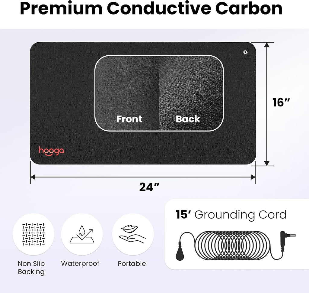 Hooga Grounding Mat for Desk, Feet & Floor – Conductive Carbon Grounding Pad with 15 Ft Cord, Non-Slip Backing, 24" x 16" Indoor Grounding Mat