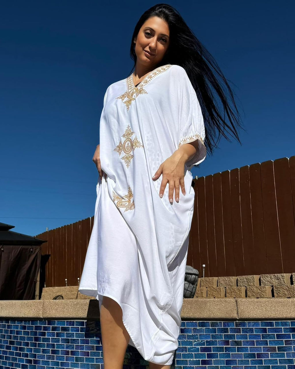 Bsubseach Gold Embroidery Long Kaftan Dresses V Neck Caftan Dress Beach Cover Ups for Women Embroidery