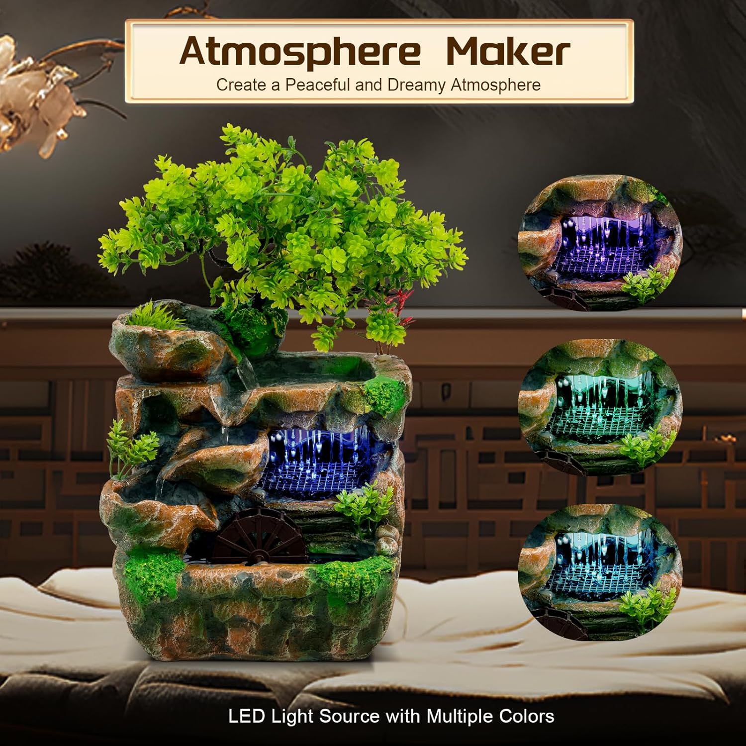 Zimmerbrunnen mit LED Beleuchtung, Grüne Pflanze Brunnen Springbrunnen Gartenbrunnen Deko Tischbrunnen mit Wasserfall, 18 * 15 * 30cm