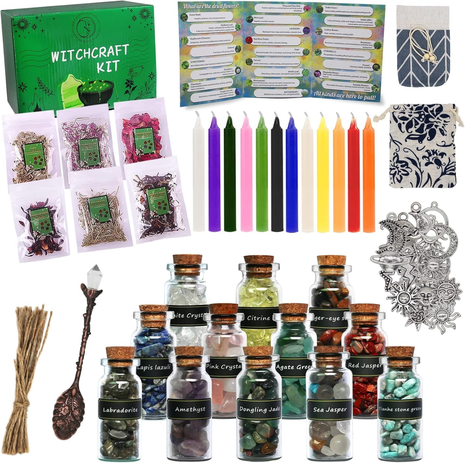 Witchcraft Supplies Kit, 85 PCS Wiccan Supplies and Tools | Include Dried Herbs, Crystal Jars, Colored Candles and Parchments, for Beginners Witches Pagan Altar Decor