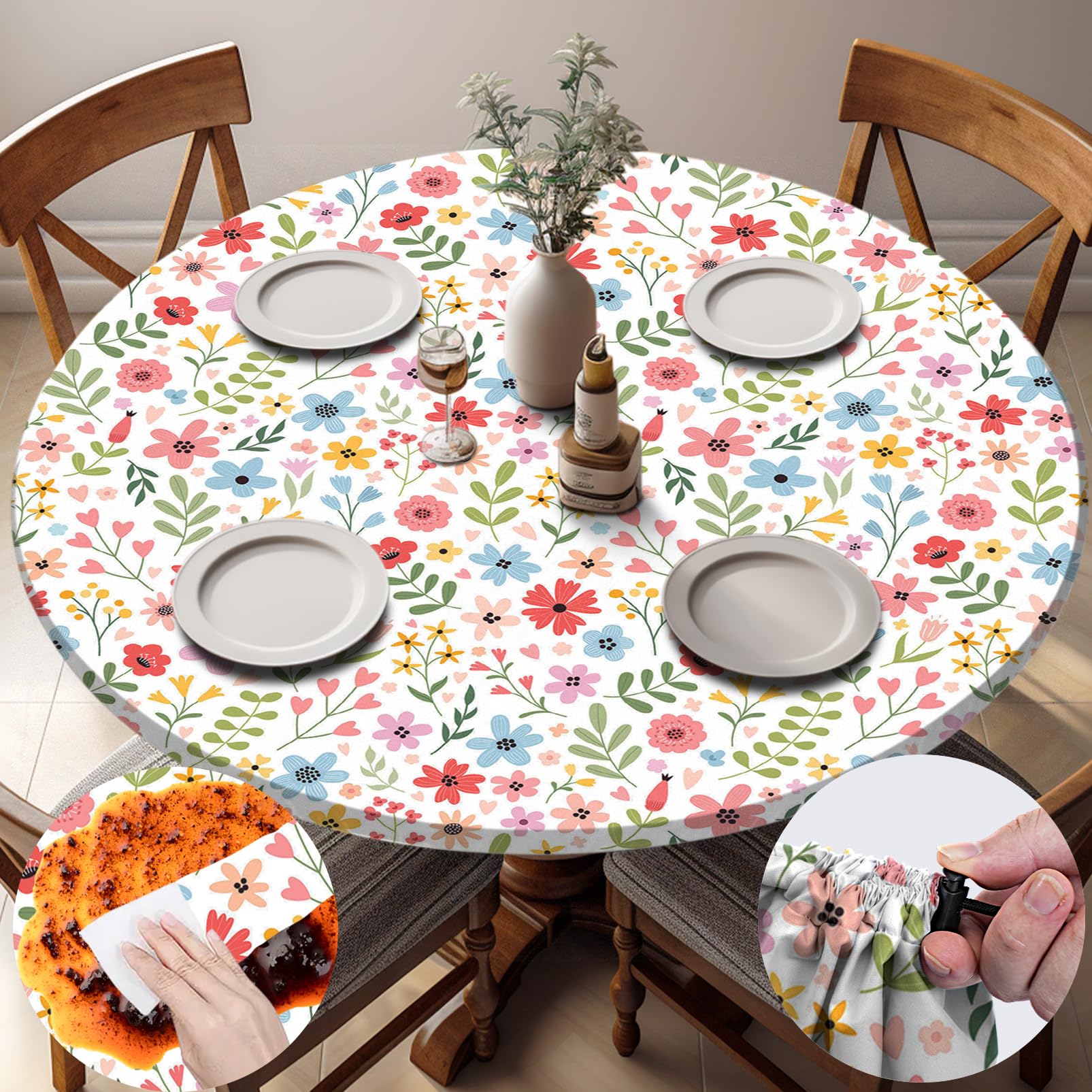 opstellen Fitted Round Tablecloth Waterproof Table Cloth Vinyl Indoor Outdoor Circle Cover for 36-44" Tables Dining Kitchen Apartment Home Party Gear Gifts Summer Fall Patio Picnic Camping Essentials