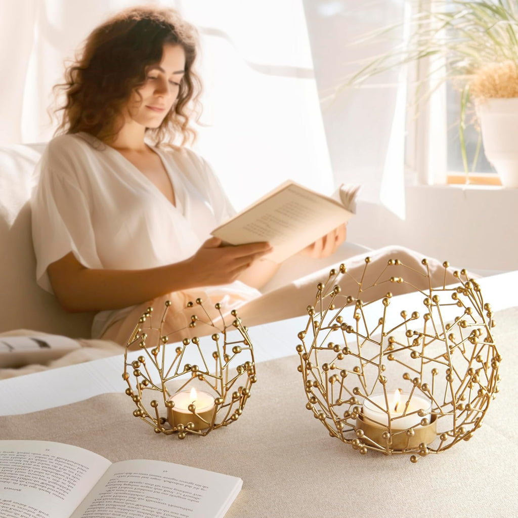 Teelichthalter Metall goldfarben 2er Set - 9,5 und 14 cm hoch - ideale Tischdeko Wohnzimmer Deko modern - Deko Fensterbank - Dekoration Wohnung modern - Kerzen Deko Set