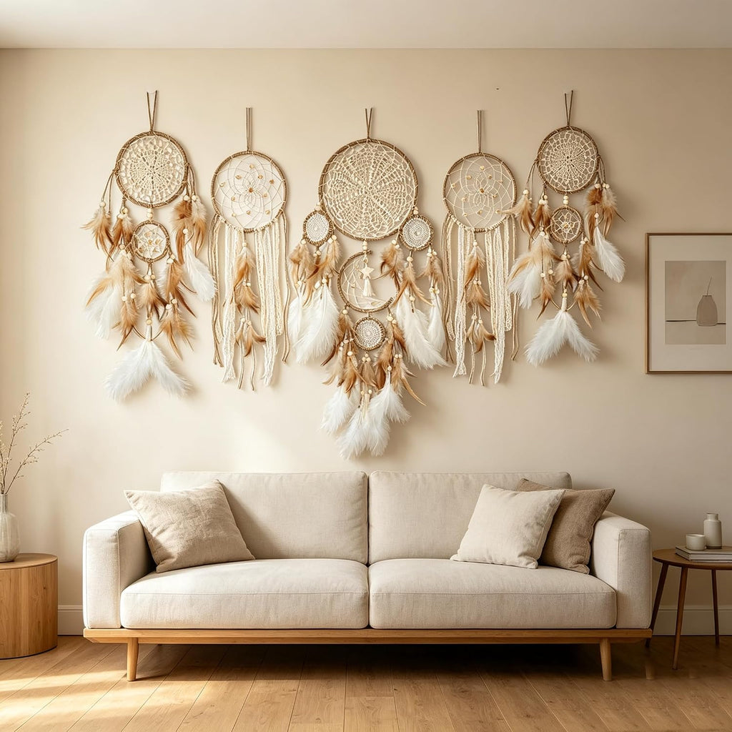 5 Pack Moon Phase Dreamcatcher Set Boho Wall Decor, Boho Macrame Wall Hanging Dream Catchers, for Home, Bedroom, Living Room, Witchy Gifts (Hemp Rope)