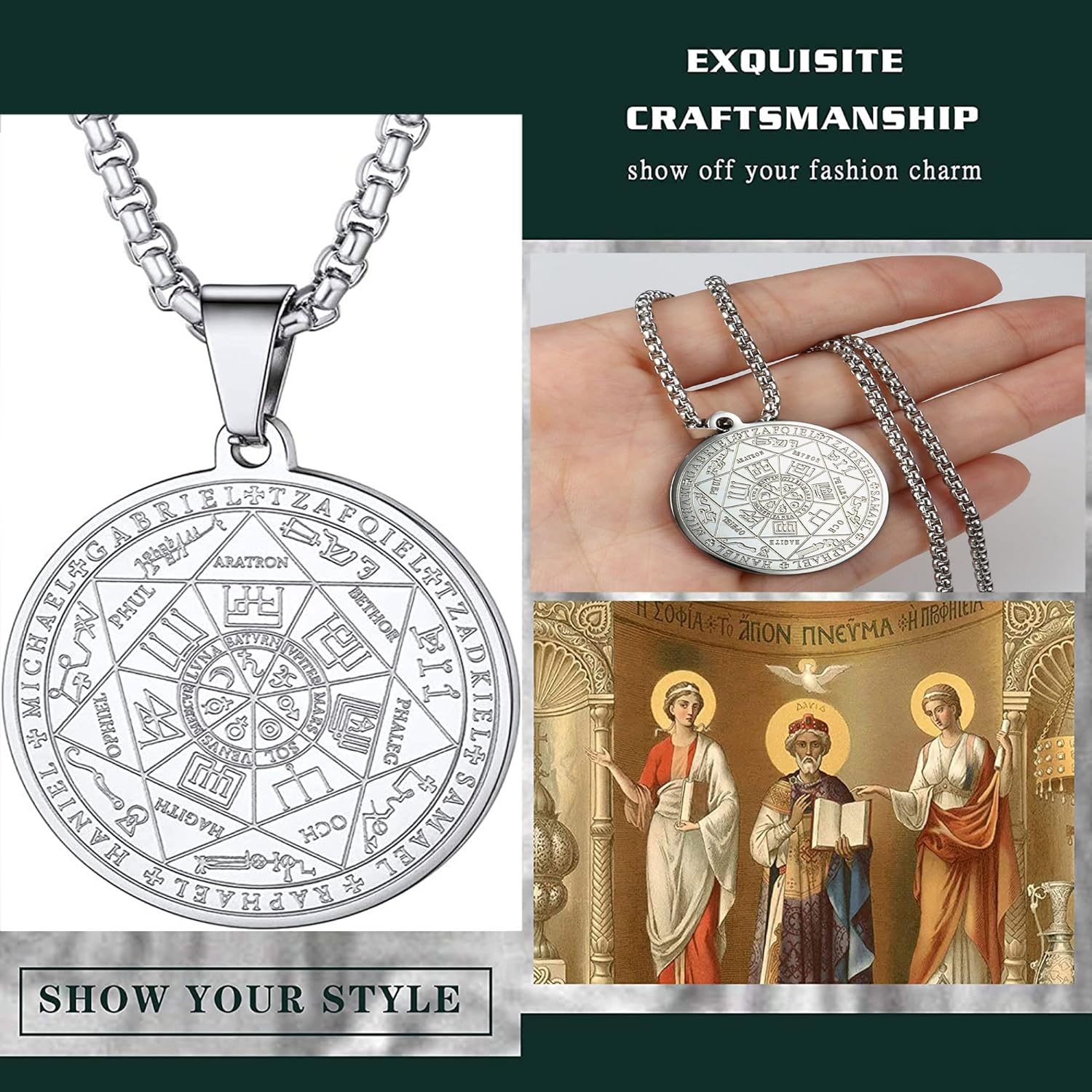 JeweBella Halskette Herren 7 Erzengel Siegel Medaille Talisman Halskette für Männer Frauen Edelstahl Pentagramm Talisman Anhänger Amulett Magische Schutzkette Männlicher Schmuck Glücksbringer