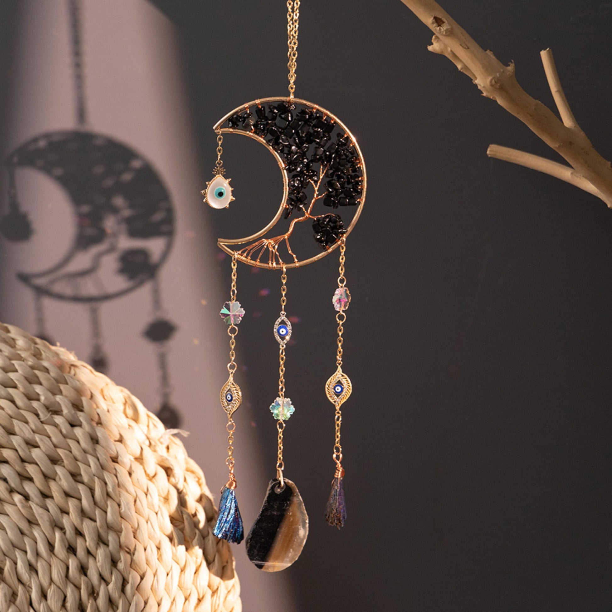 Crystals Tree of Life Dream Catcher, Natural Gemstone Agate Chakra Sign, Wall Hanging, Home Decoration for Meditation, Yoga Wall Art, Mandala Ornaments for Bedroom (7 Chakra Crystals)