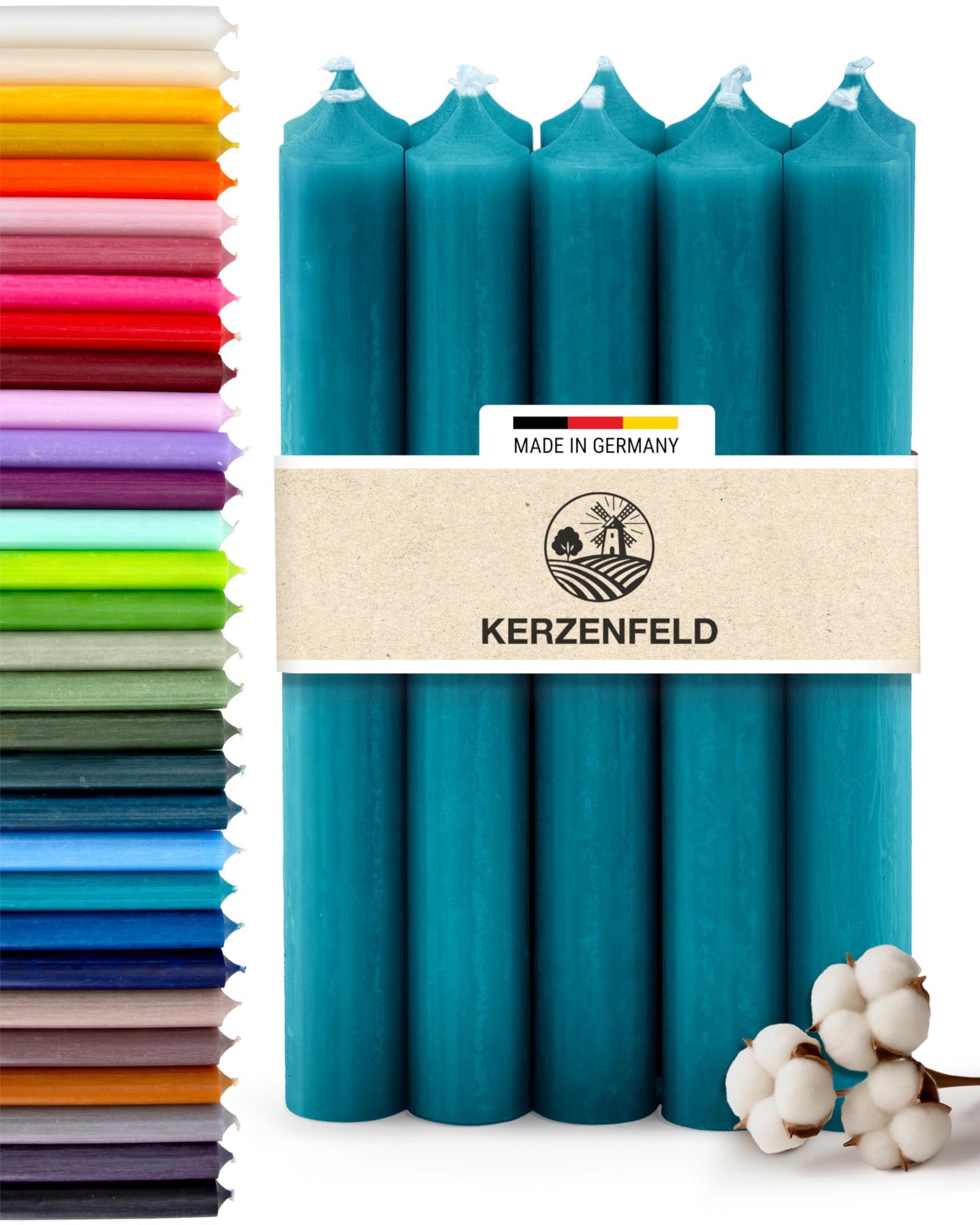Bunte Stabkerzen Durchgefärbte, 10 Stück, 180mm x 22mm, Spitzkerzen, 8+ Stunden Brenndauer, Made in Germany - Ohne Tropfen & Rußen - Unparfümierte und RAL-Zertifizierte Tafelkerzen (Jade Grün)