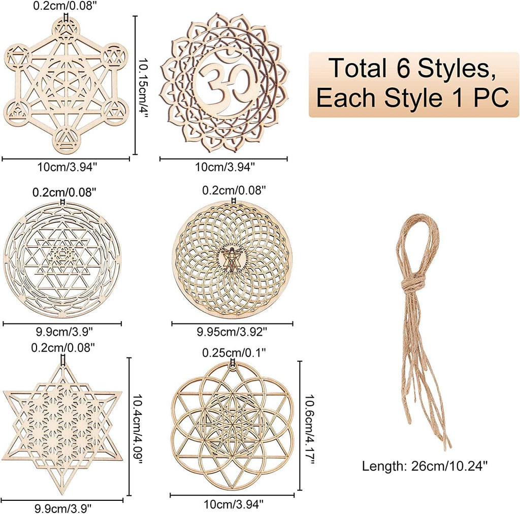 CHGCRAFT 6 Sets 6 Stil 3,96 Zoll Heilige Geometrie Wandkunst Set Meditation Chakra Holz Wandskulptur Blume des Lebens Mandala Holz Kristallgitterplatte Für Yoga Meditationsraum Heimdekoration
