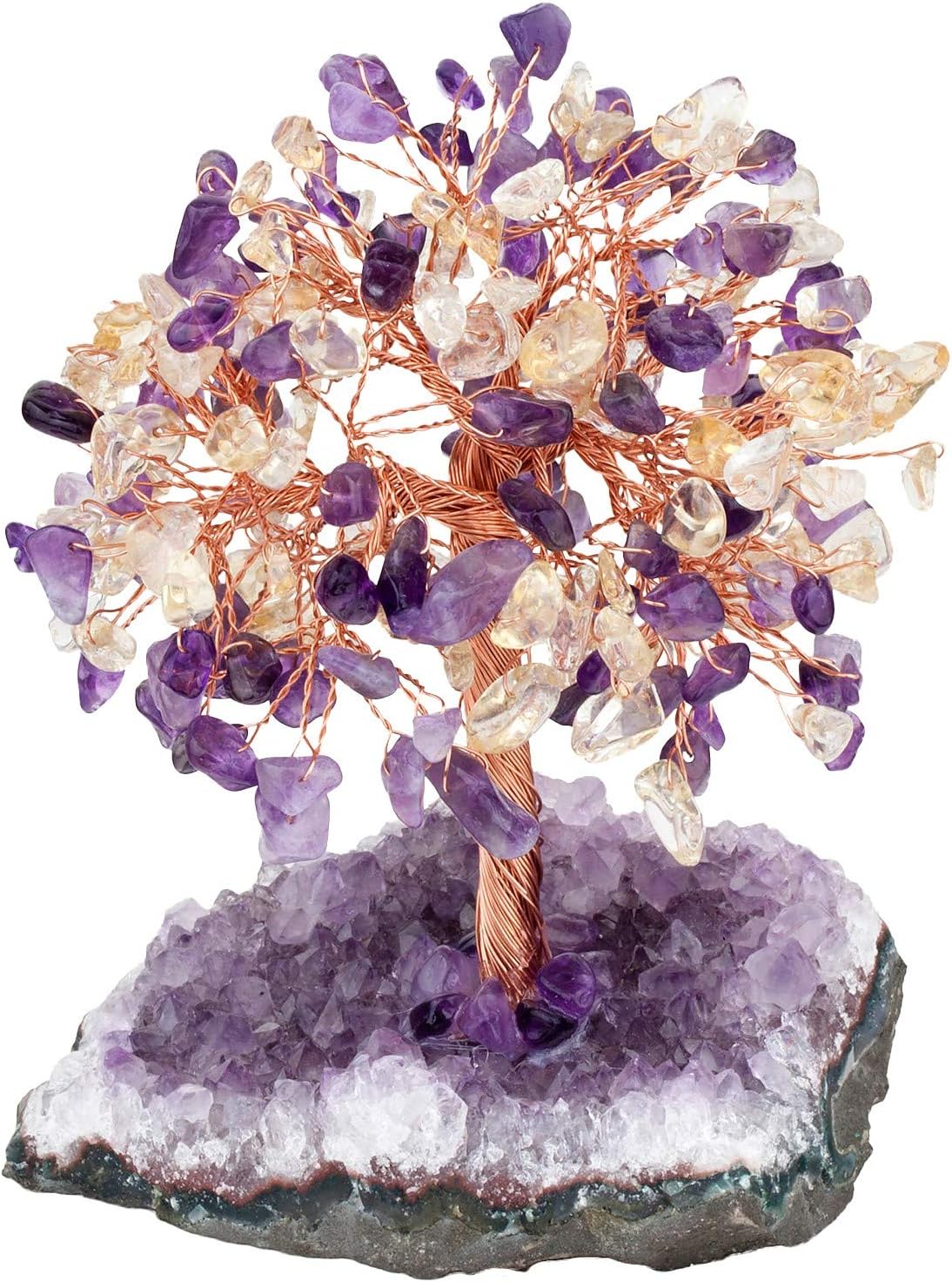 KYEYGWO Amethyst & Citrine Reiki Heilung Kristallbaum auf Natürlichen Amethyst Drusensegment Rohstück Base, Stein Geldbaum Feng Shui Bonsai Baum Figuren Ornament Haus Deko für Glück, Reichtum