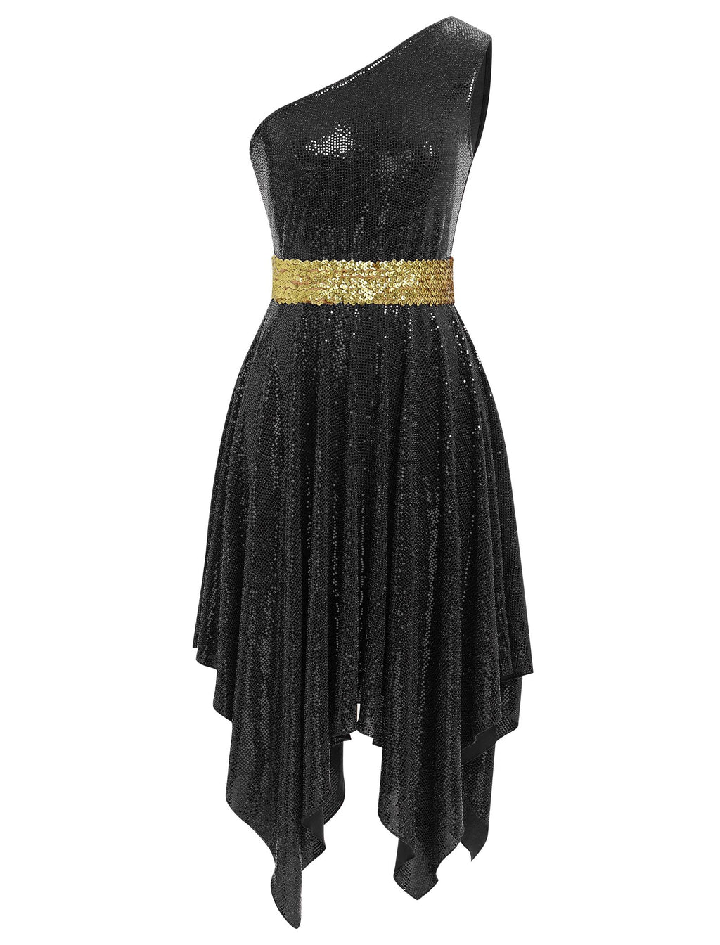 IBAKOM Women Sparkly Praise Dance Tunic Dress One Shoulder Gltter Sequins Worship Overlay Adult Church Liturgical Dancewear