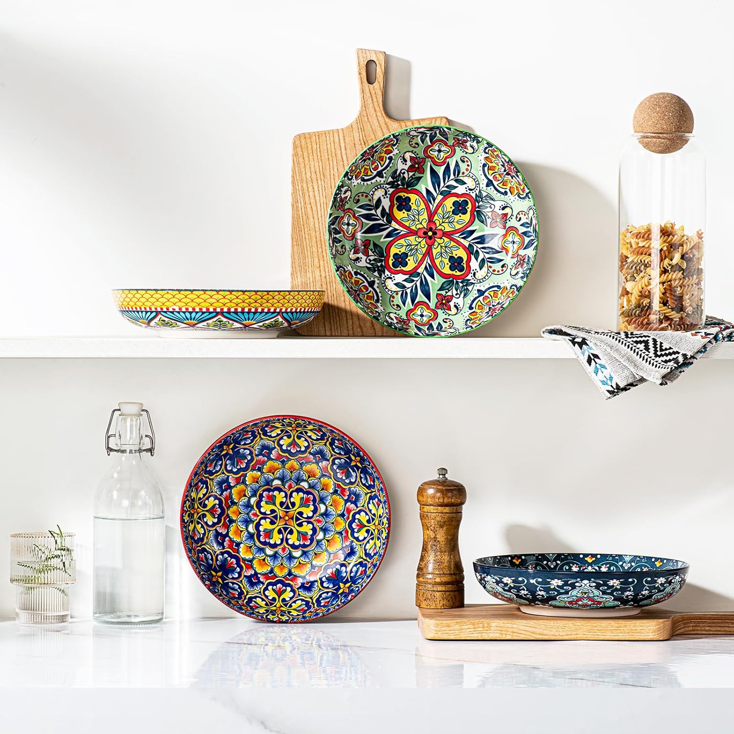 HENXFEN LEAD Salatschüsseln Porzellan, Suppenteller Pastateller Pastaschüssel, Große Servierschalen für Pasta, Nudeln, Salat, Suppe usw. Bunte, 4er Pack - Bohemian Style