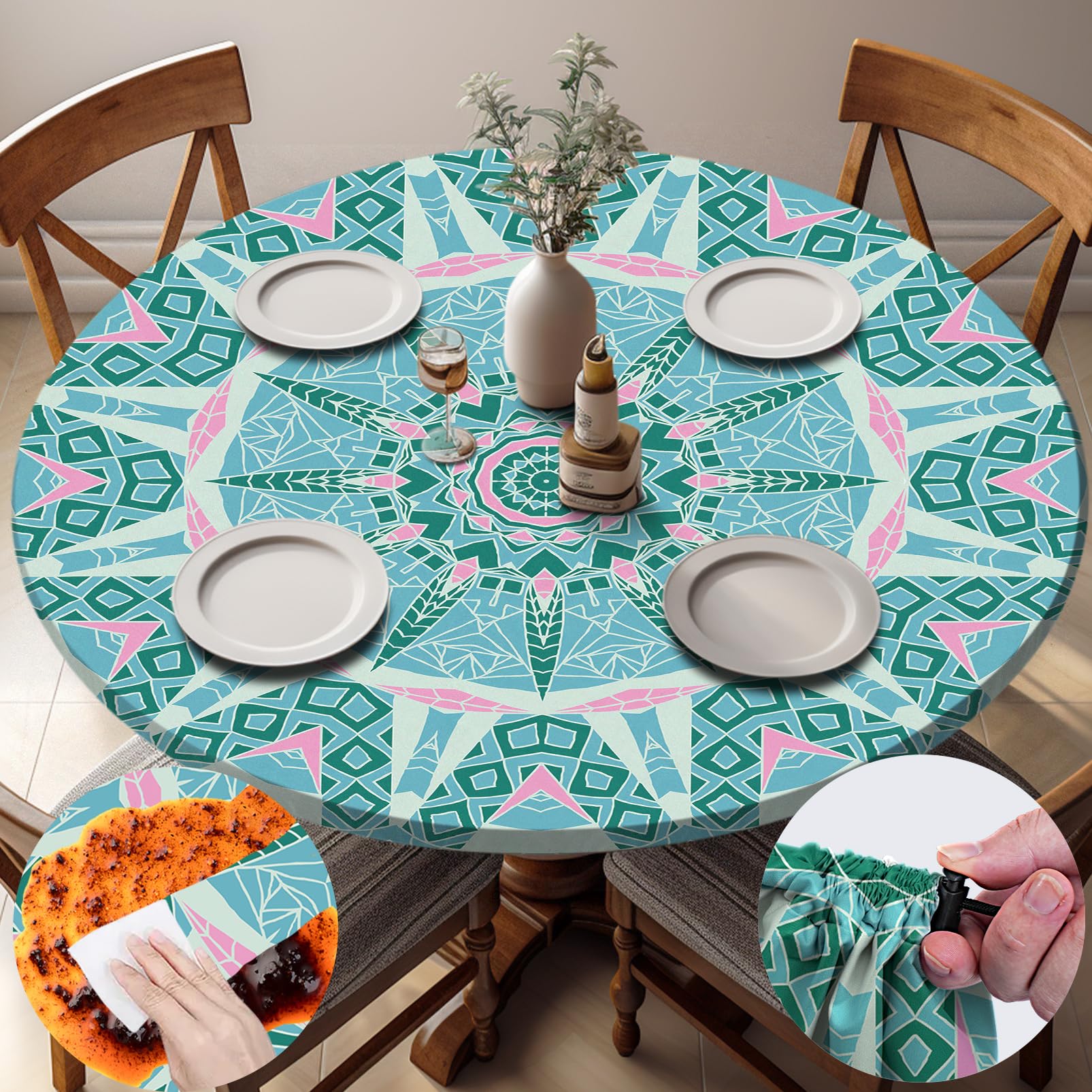 opstellen Fitted Round Tablecloth Waterproof Table Cloth Vinyl Indoor Outdoor Circle Cover for 36-44" Tables Dining Kitchen Apartment Home Party Gear Gifts Summer Fall Patio Picnic Camping Essentials