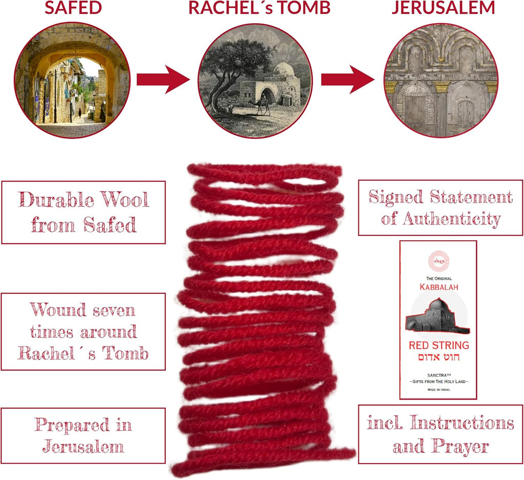 The Original Kabbalah Red Thread Handmade and Blessed in the Holy Land 100% Wool 5ft Long Holds up to 7 Protective Bracelets Includes Prayer, Instructions and Certificate of Authenticity