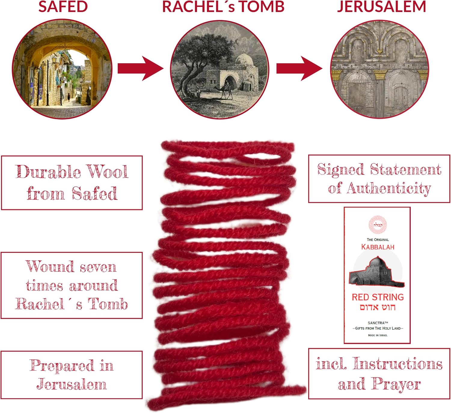 The Original Kabbalah Red Thread Handmade and Blessed in the Holy Land 100% Wool 5ft Long Holds up to 7 Protective Bracelets Includes Prayer, Instructions and Certificate of Authenticity