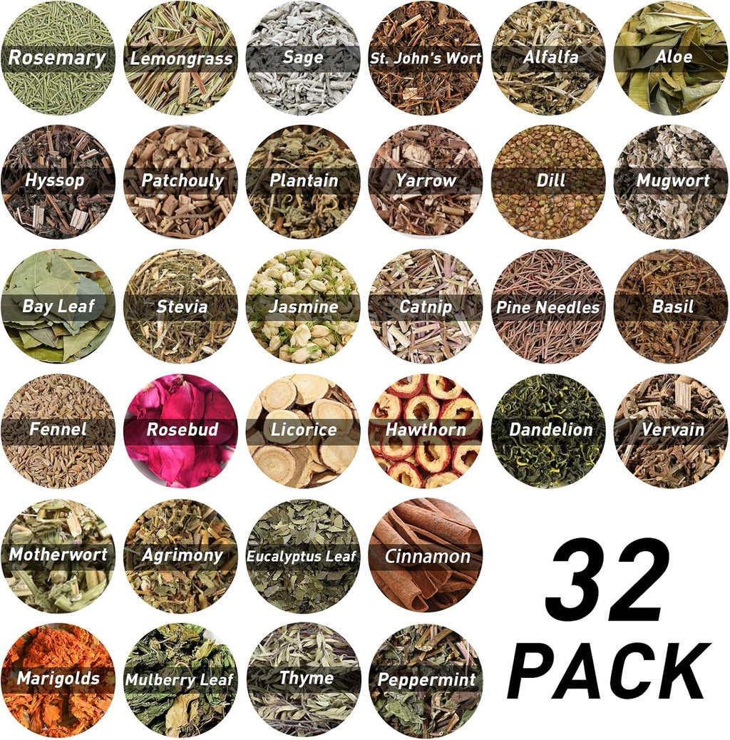 32 Pack Herbs for Witchcraft, Dried Flowers for Witch Crafts Supplies | Beginner Witchcraft Starter kit, Botanicals for Spell Jars,Pagan,Wiccan Rituals Altar Decor, Sachets, Candles and Soap Making