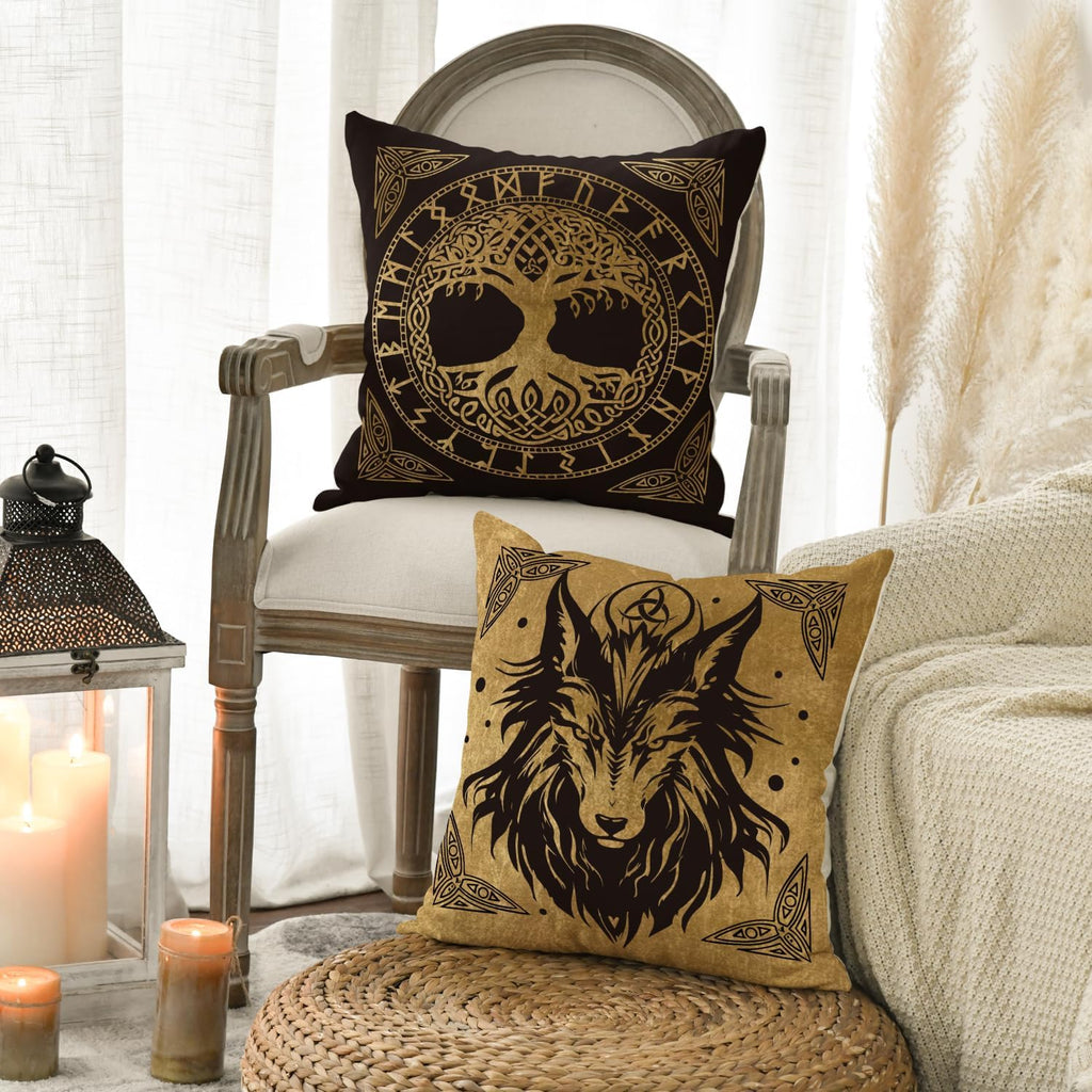 Artoid Mode Gold Wikinger Futhark Runen Odin Baum des Lebens Kissenbezüge 4er Set, 40x40cm Wolf Rabe Cushion Cover Couch Wohnzimmer Deko