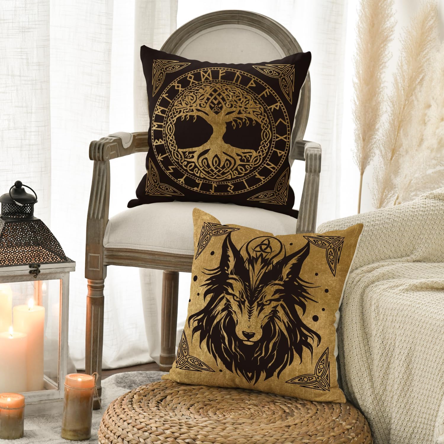 Artoid Mode Gold Wikinger Futhark Runen Odin Baum des Lebens Kissenbezüge 4er Set, 40x40cm Wolf Rabe Cushion Cover Couch Wohnzimmer Deko