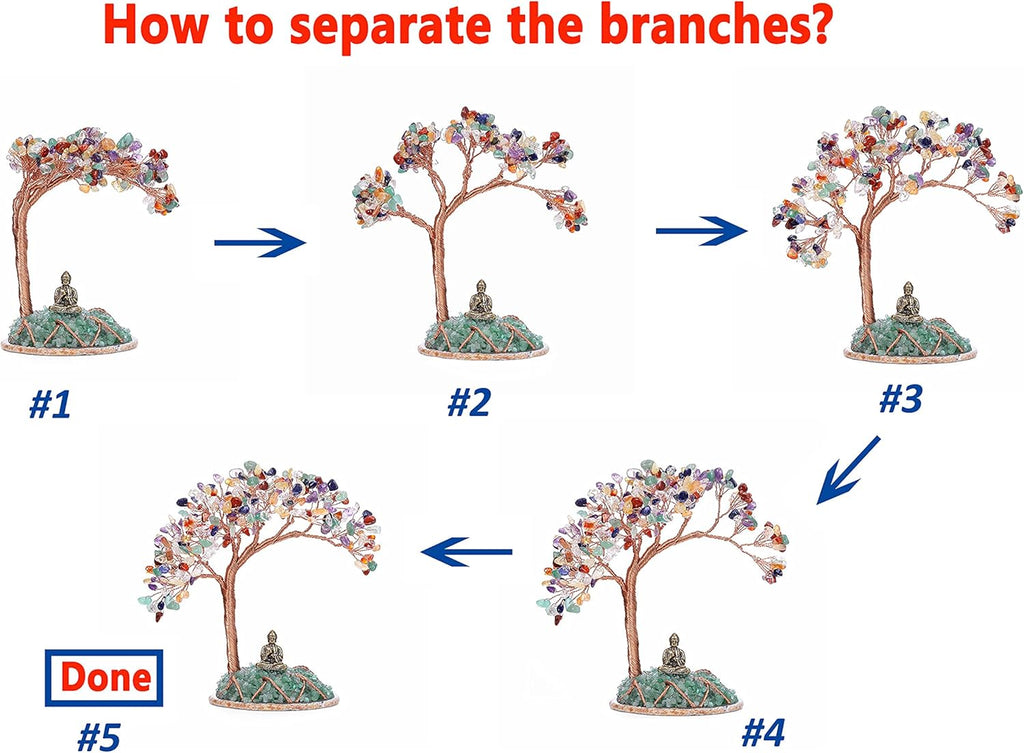 GEHECRST Feng Shui Geldbaum Buddha Figur Lebensbaum Deko mit Achat Basis Heilstein Glücksbringer Baum Trommelsteine Glückbaum Dekoration für Reichtum Glück Gesundheit (7 Chakra)
