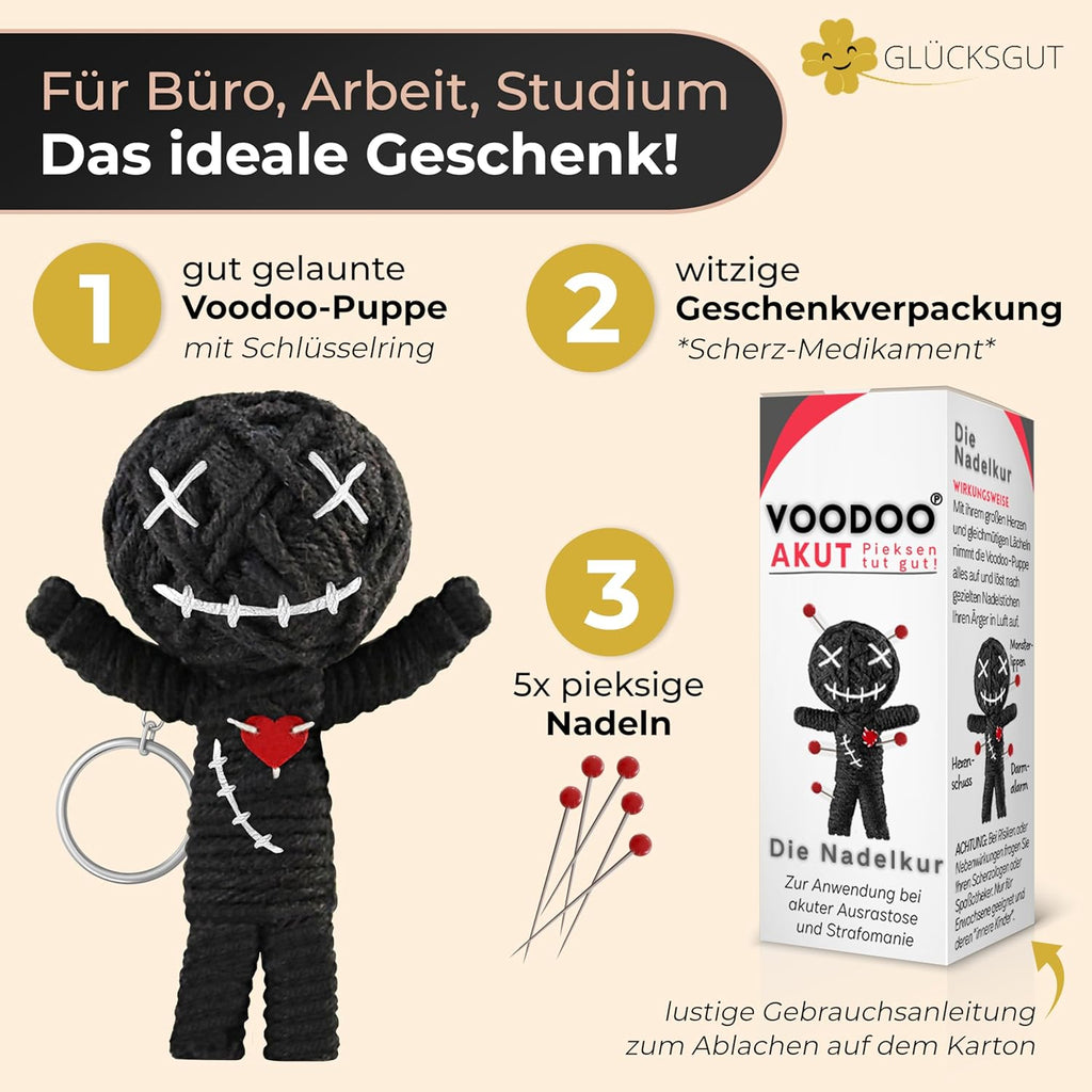 Voodoo Puppe mit Nadeln | 7,5cm | Geschenkbox & Anleitung | Scherz-Medikament | Büro Geschenk für Kollegen Kollegin Chef | Anti Stress | Abschied | Büro Uni Studium