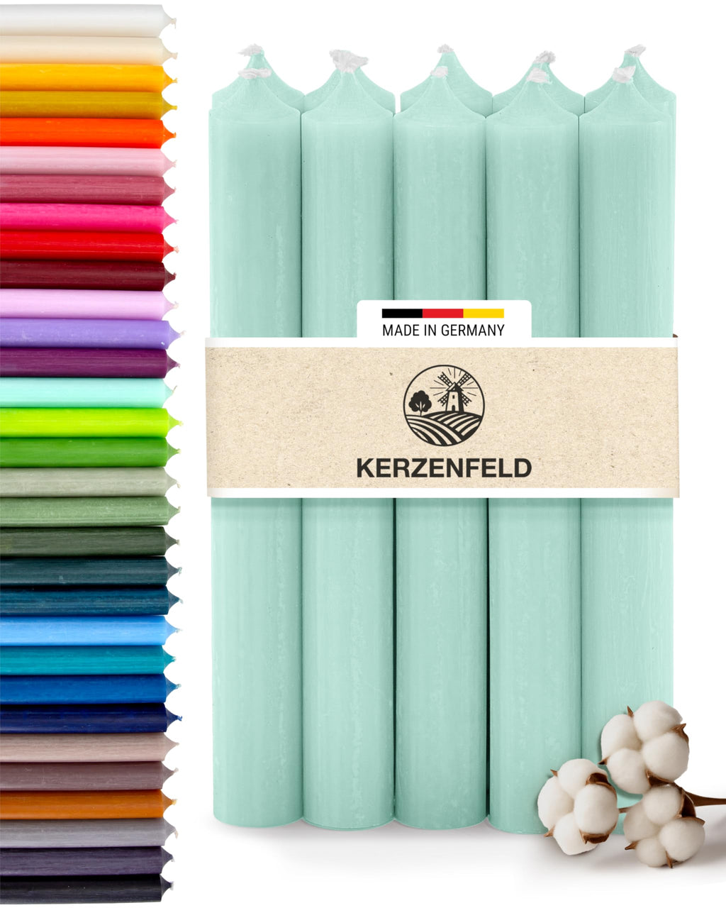Bunte Stabkerzen Durchgefärbte, 10 Stück, 180mm x 22mm, Spitzkerzen, 8+ Stunden Brenndauer, Made in Germany - Ohne Tropfen & Rußen - Unparfümierte und RAL-Zertifizierte Tafelkerzen (Jade Grün)