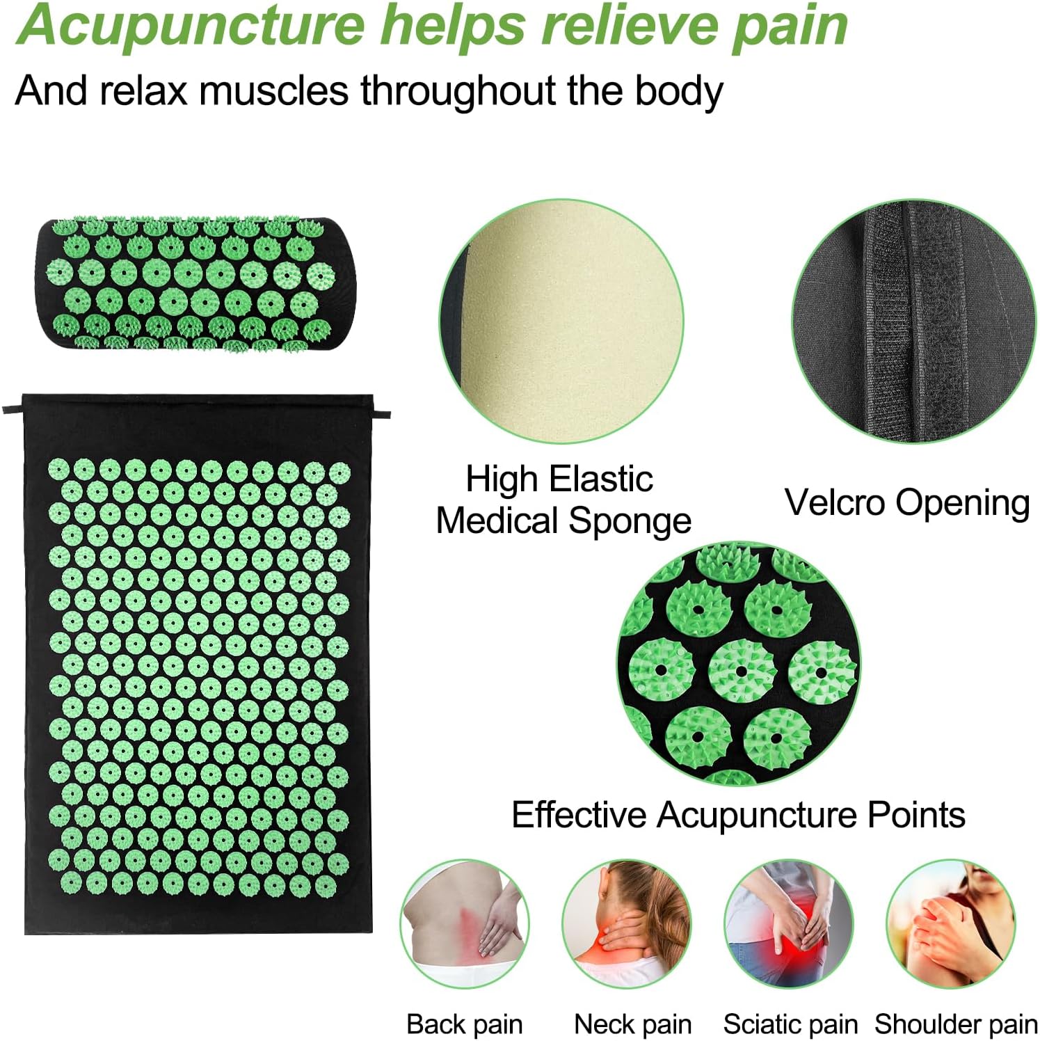 Magrimaxio Akupressurmatte mit Kissen, Akupunktur Matte, Stachelmatte, Akupunkturmatte mit Tragetasche, Nagelmatte Set zur Entspannung für Massage, Schmerzlinderung, Tressabbau, Meditation (Grün)