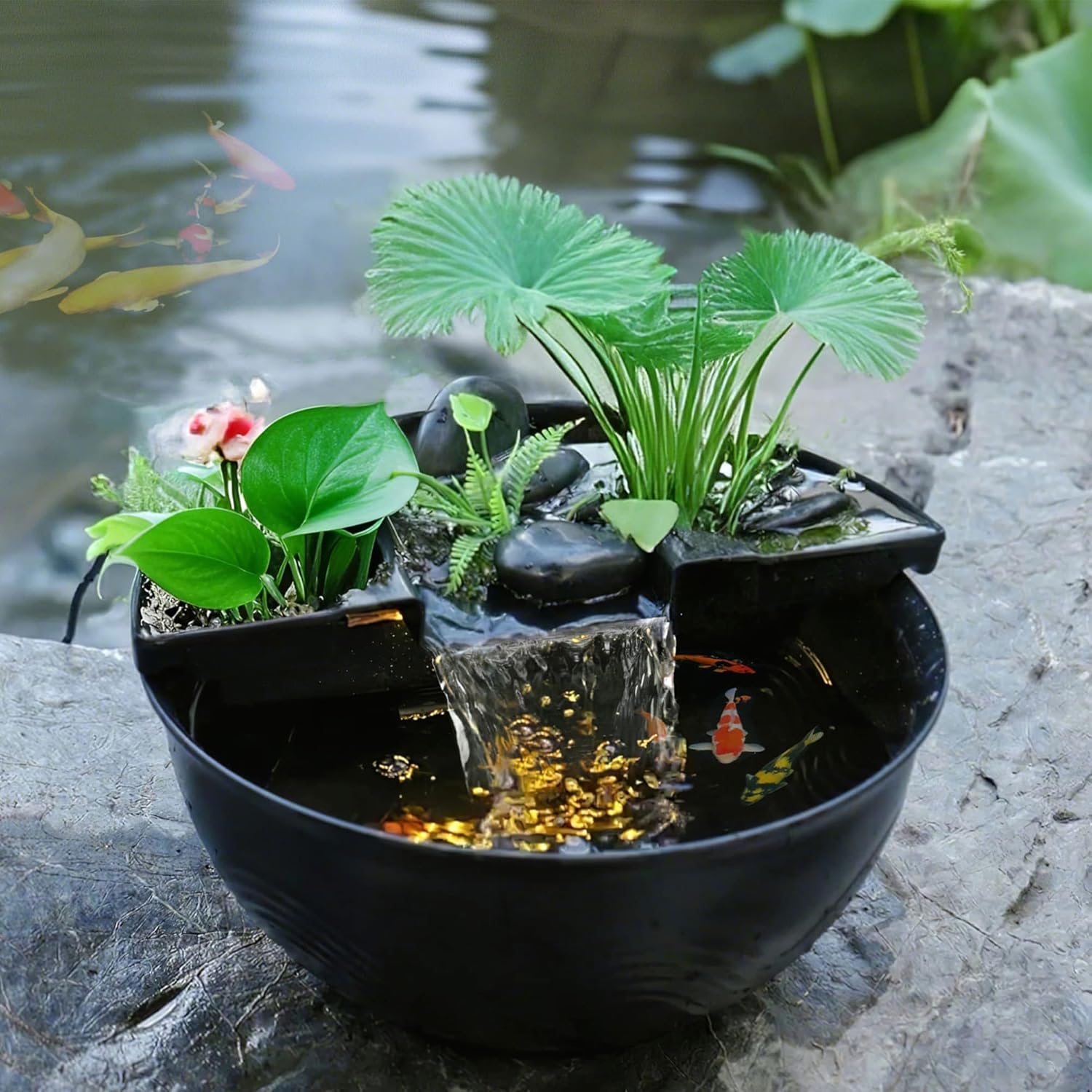 Biling Tischteich für den Innenbereich, Kleines Fischteich Set mit Wasserfall, Tisch Wasserfall Brunnen Set Wassergarten für Büro Wohnzimmer Balkon Garten, gut für Meditation und Entspannung, Schwarz
