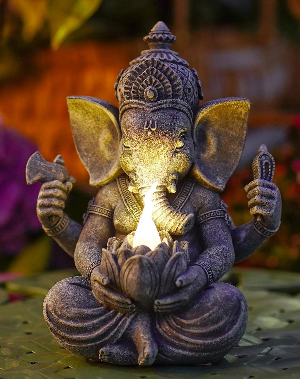 Ganesha Figur Buddha mit Solarlampen für Deko Wohnzimmer Schreibtisch Zubehör : Ganesha Zen Garten Buddha Figur Geschenke für männer Frauen Mama Wetterfest Zimmer Balkon Dekoration Grau 20CM