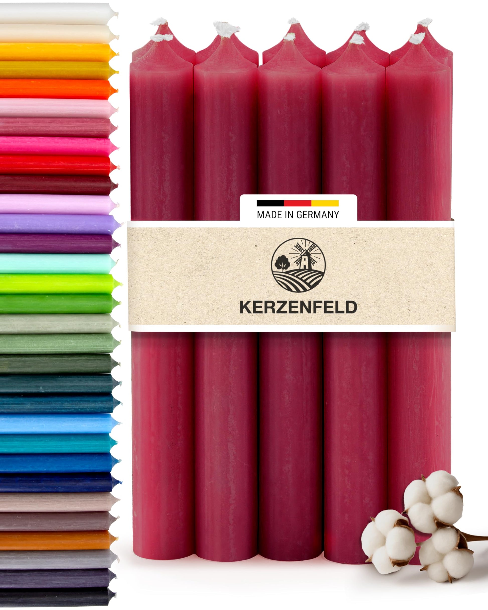 Stabkerzen Rot, 10 Stück, 180mm x 22mm, Durchgefärbte Spitzkerzen, 8+ Stunden Brenndauer, Made in Germany - Ohne Tropfen & Rußen - Unparfümierte und RAL-Zertifizierte Tafelkerzen