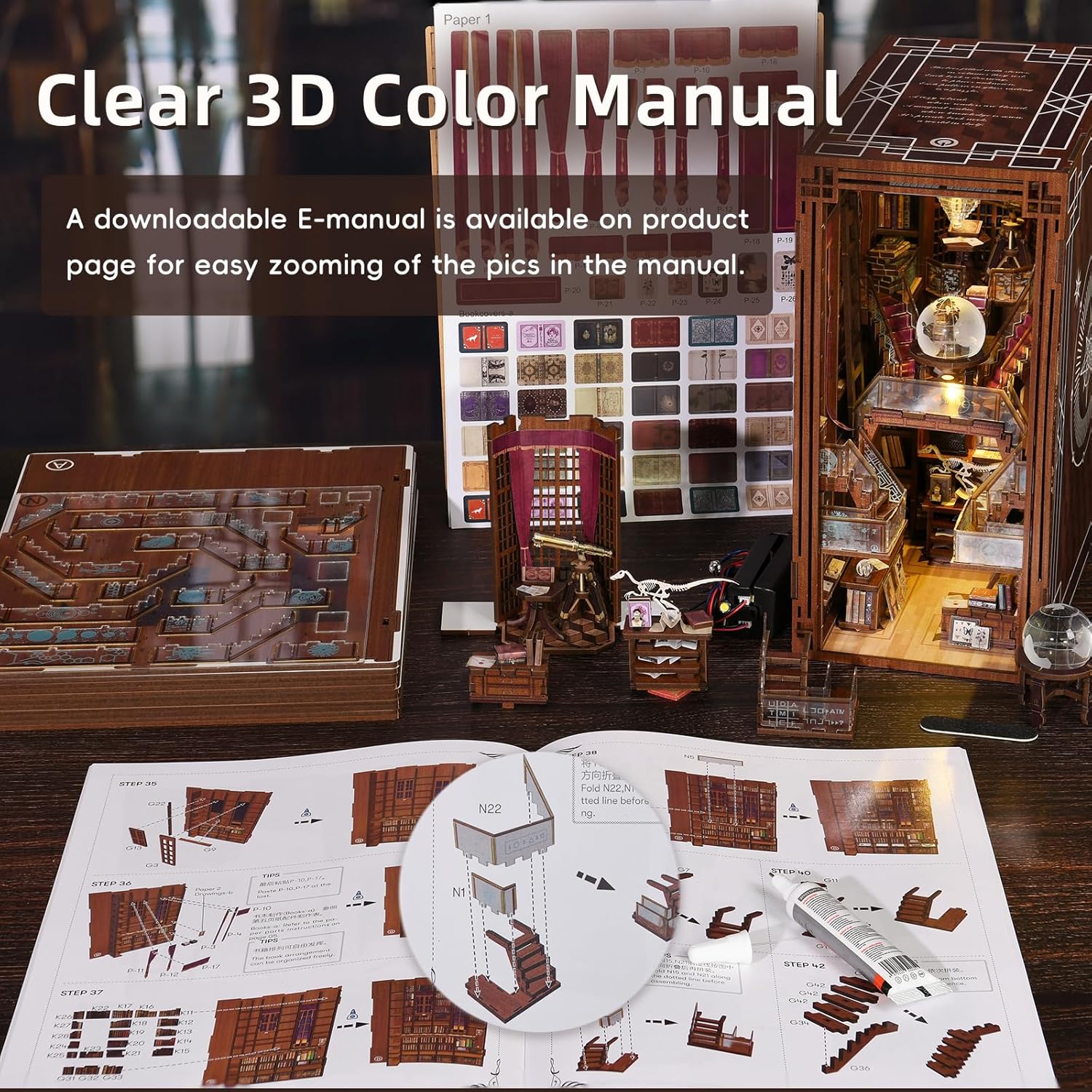 Book Nook Kit, DIY Miniatur Puppenhaus Booknook Kit, 3D Wooden Puzzle Bookend Bookshelf Insert Decor mit LED-Licht und Staubschutzhülle für Jugendliche und Erwachsene (Beyond Library)