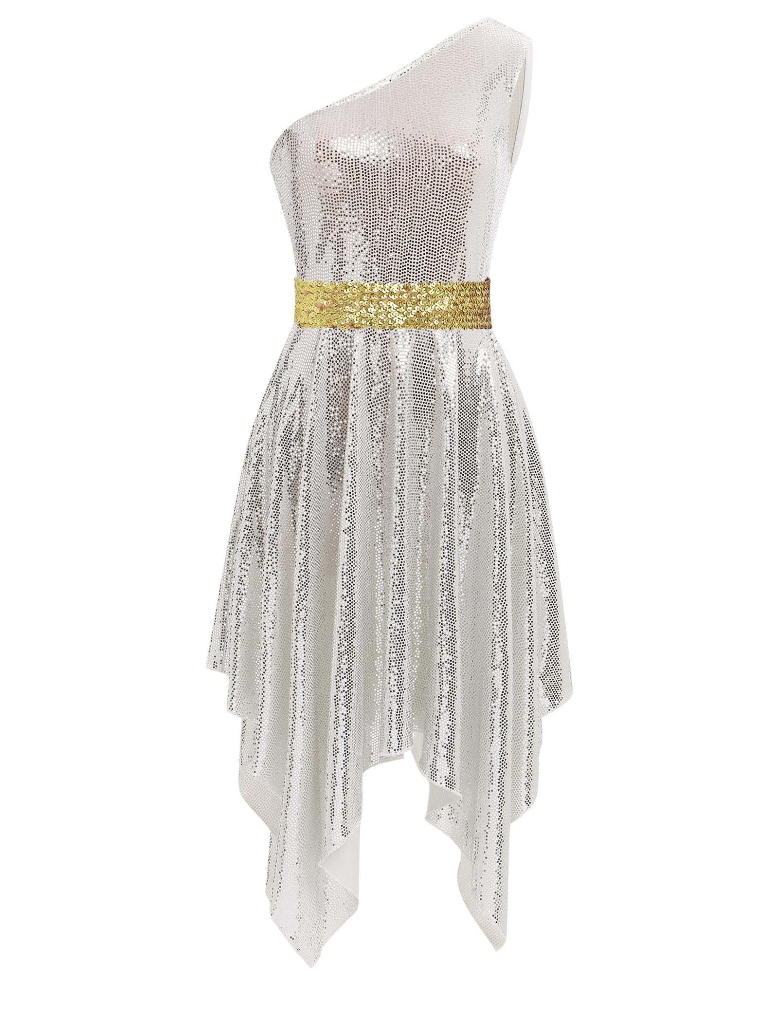 IBAKOM Women Sparkly Praise Dance Tunic Dress One Shoulder Gltter Sequins Worship Overlay Adult Church Liturgical Dancewear