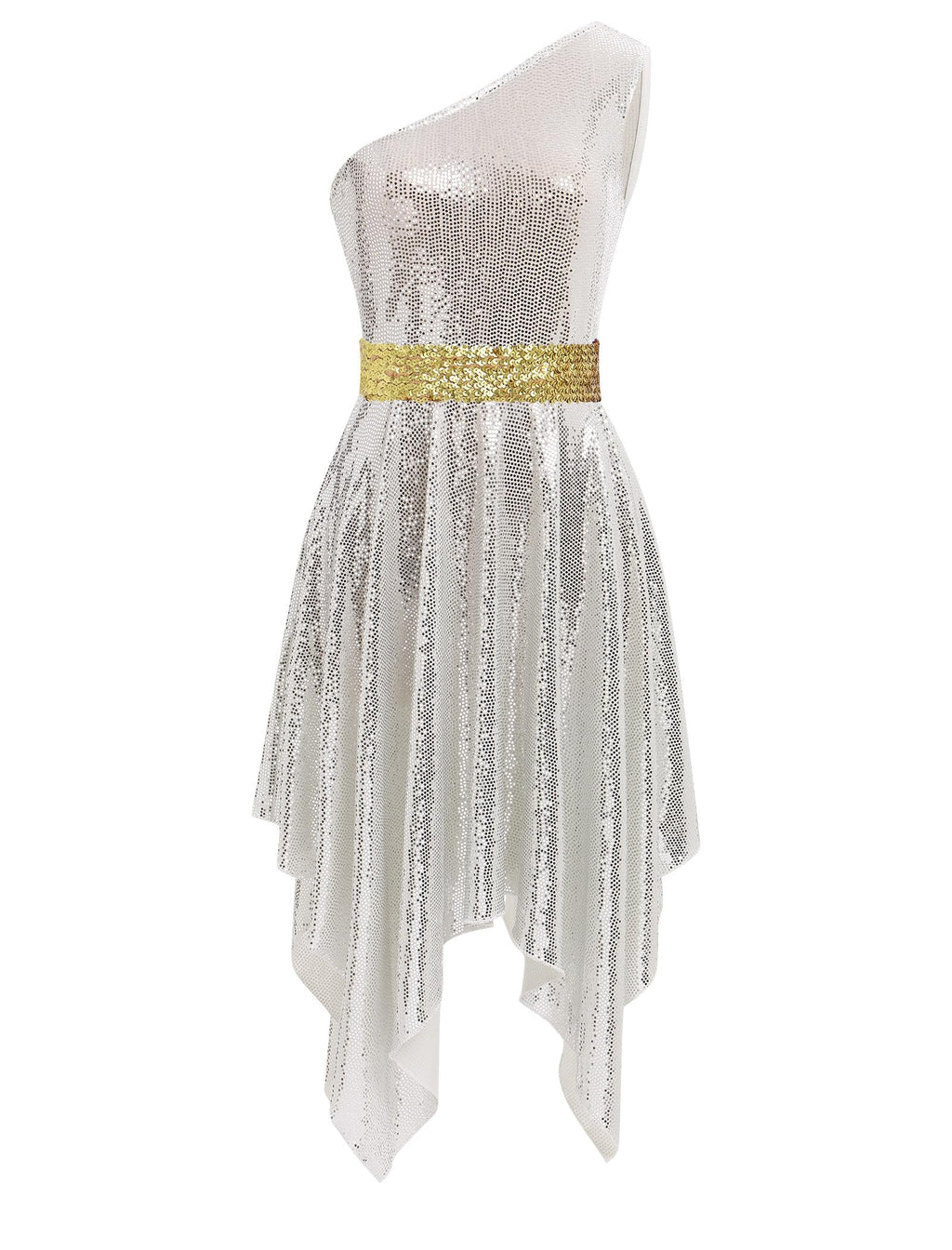 IBAKOM Women Sparkly Praise Dance Tunic Dress One Shoulder Gltter Sequins Worship Overlay Adult Church Liturgical Dancewear