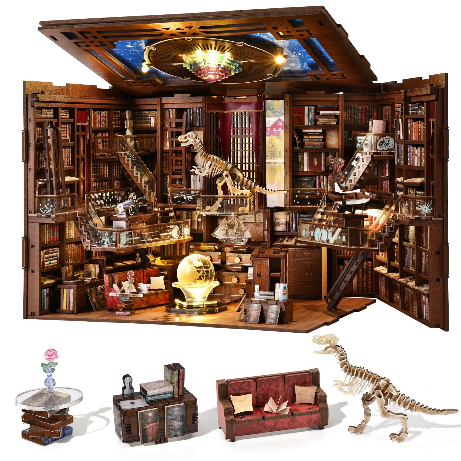 Book Nook Kit, DIY Miniatur Puppenhaus Booknook Kit, 3D Wooden Puzzle Bookend Bookshelf Insert Decor mit LED-Licht und Staubschutzhülle für Jugendliche und Erwachsene (Beyond Library)