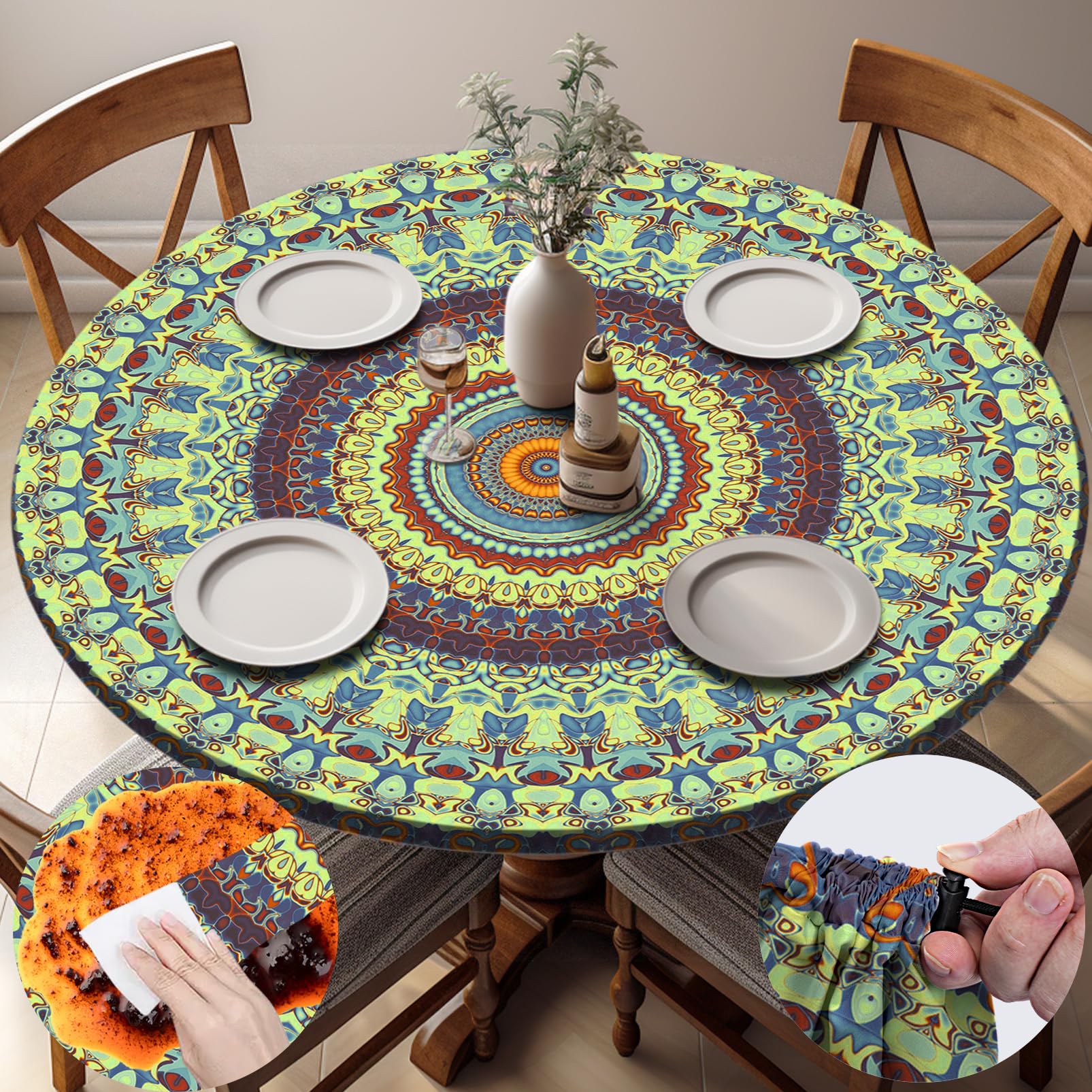 opstellen Fitted Round Tablecloth Waterproof Table Cloth Vinyl Indoor Outdoor Circle Cover for 36-44" Tables Dining Kitchen Apartment Home Party Gear Gifts Summer Fall Patio Picnic Camping Essentials