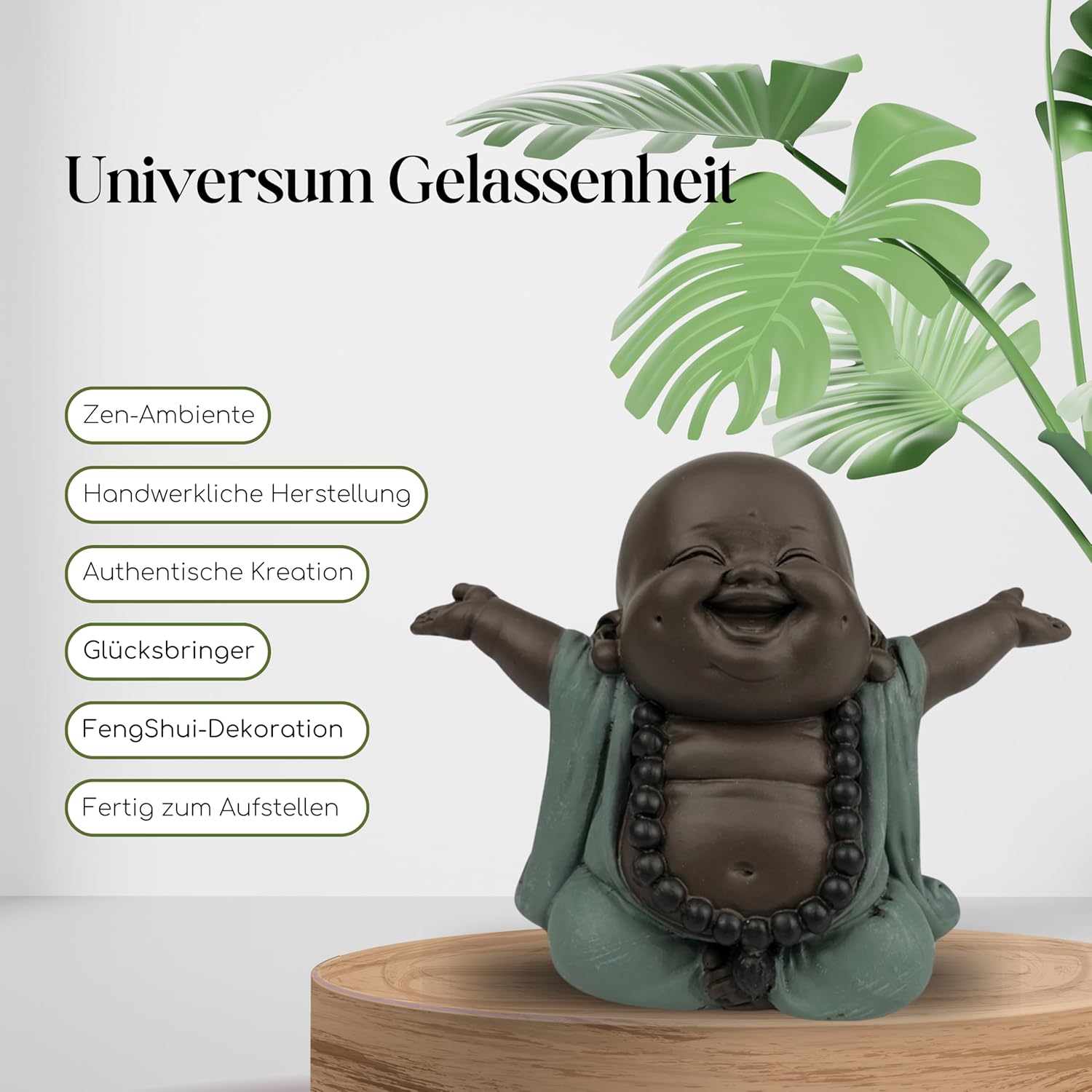 Lachender Buddha Willkommen - Glücksbringer Statue - Zen und Feng Shui Dekoration - für eine entspannende und spirituelle Atmosphäre - Geschenkidee - Breite: 9cm - Farbe: Grün und Braun - Zen'Light