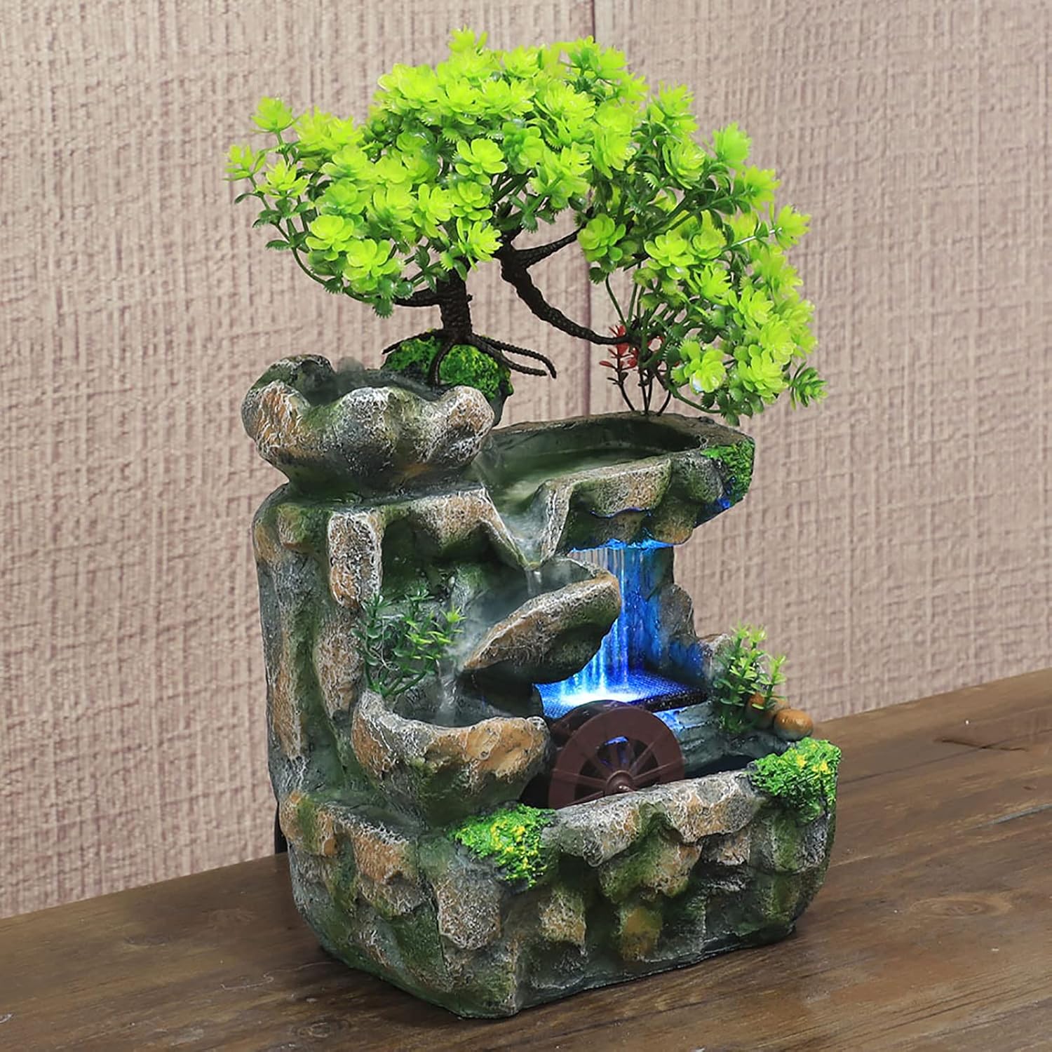 Zimmerbrunnen mit LED Beleuchtung, Grüne Pflanze Brunnen Springbrunnen Gartenbrunnen Deko Tischbrunnen mit Wasserfall, 18 * 15 * 30cm