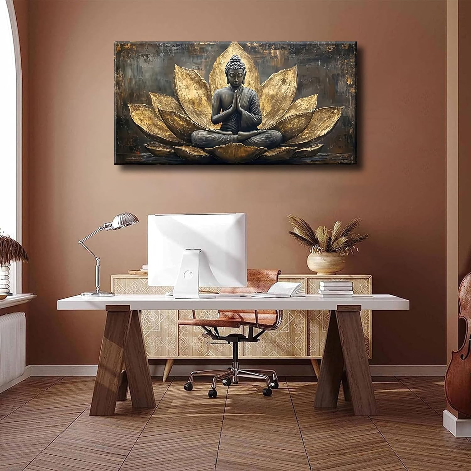 Large Buddha Lotus Canvas Wall Art Abstract Gold and Grey Zen Buddhism Decor painting Pictures Modern Serene Meditation Posters Prints for living room Bedroom Office Hallway Home Decoration