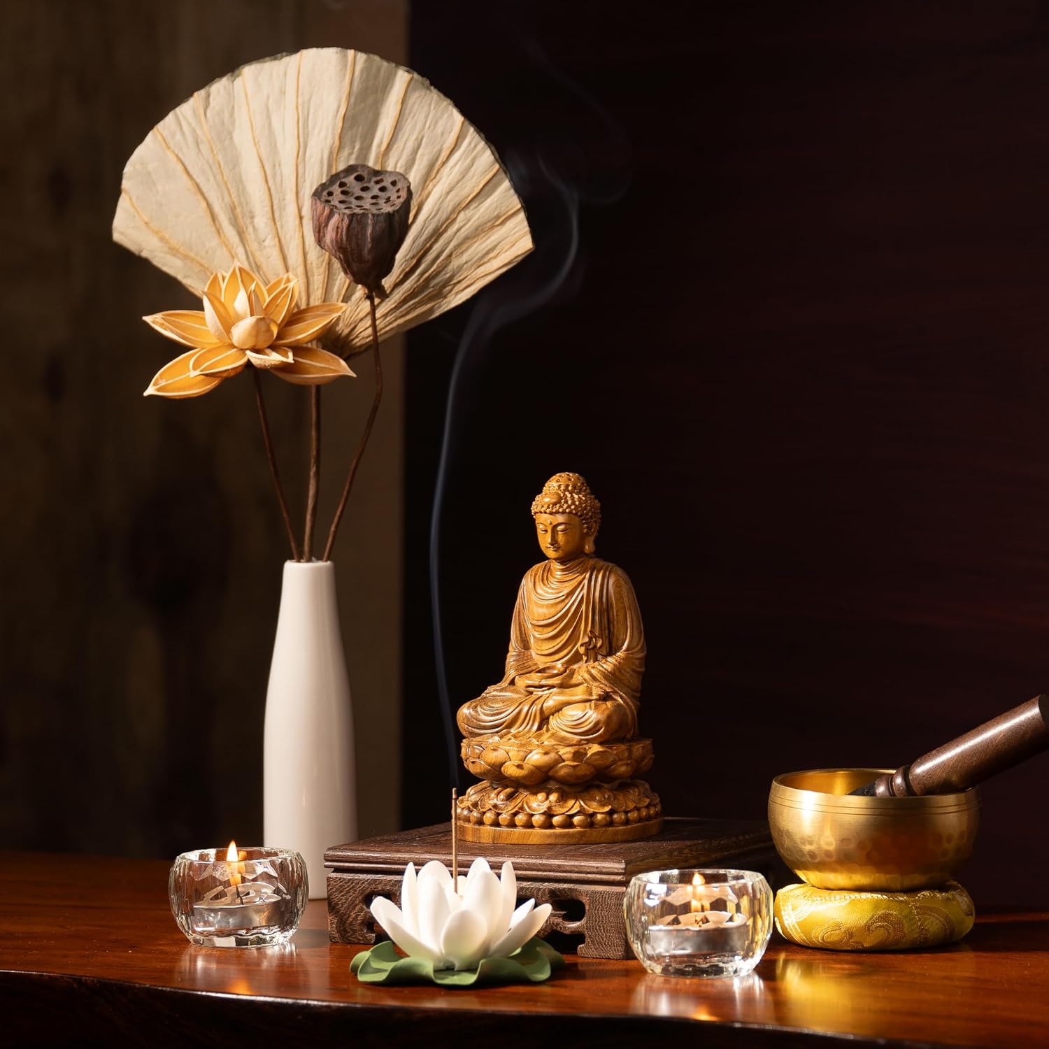 Wooden Buddha Statue with Gift Box and 108 Bead Mala - Hand Carved Shakyamuni Buddha 15cm/6in for Meditation, Altar, Zen Decor - Buddhist Spiritual Gift Set for Peace and Mindfulness