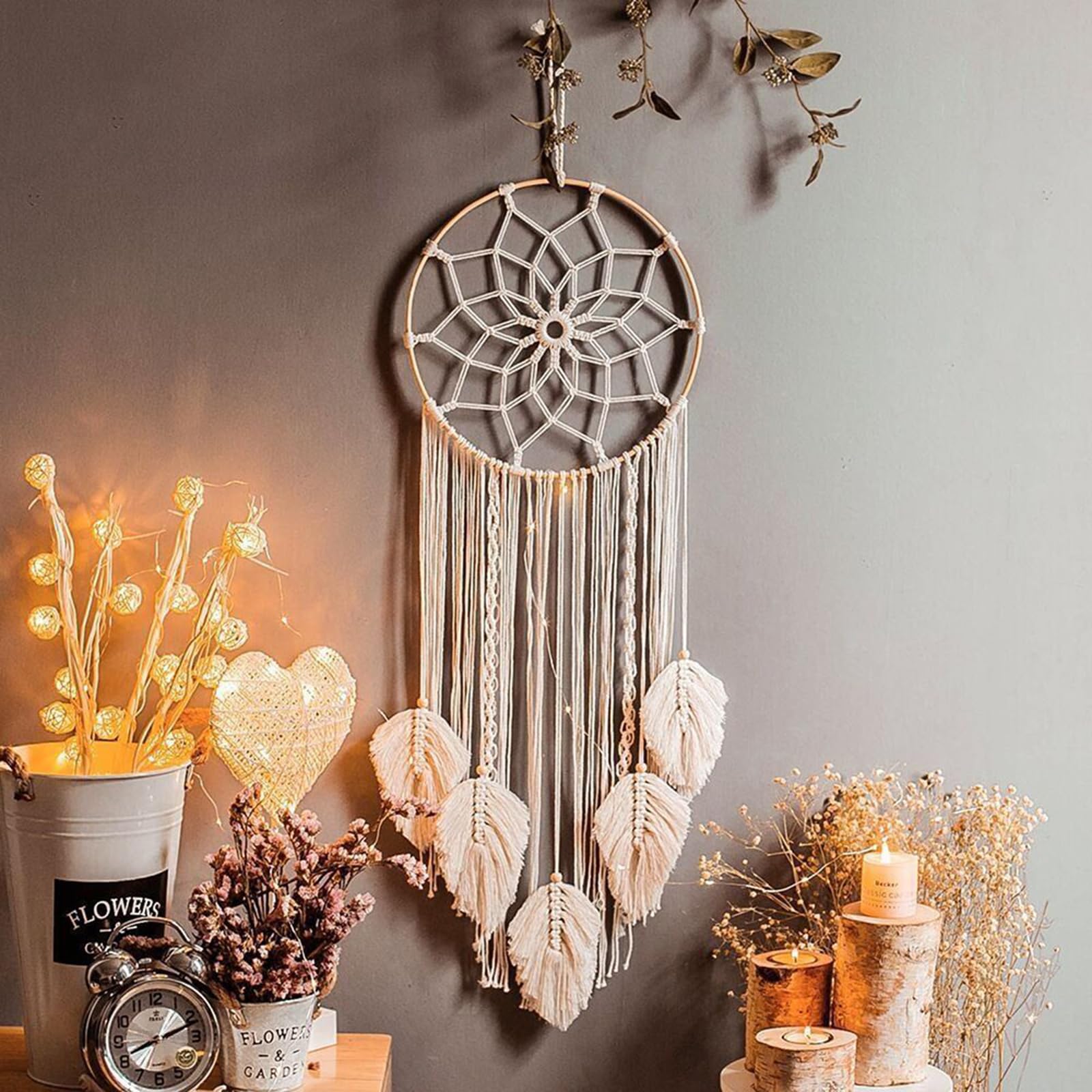 Hongyans Traumfänger mit LED Licht Handgefertigt Dreamcatcher mit Federn Böhmen Dekoration für Schlafzimmer Hochzeit Wandbehang Ornament Mädchen Kinder Geschenk