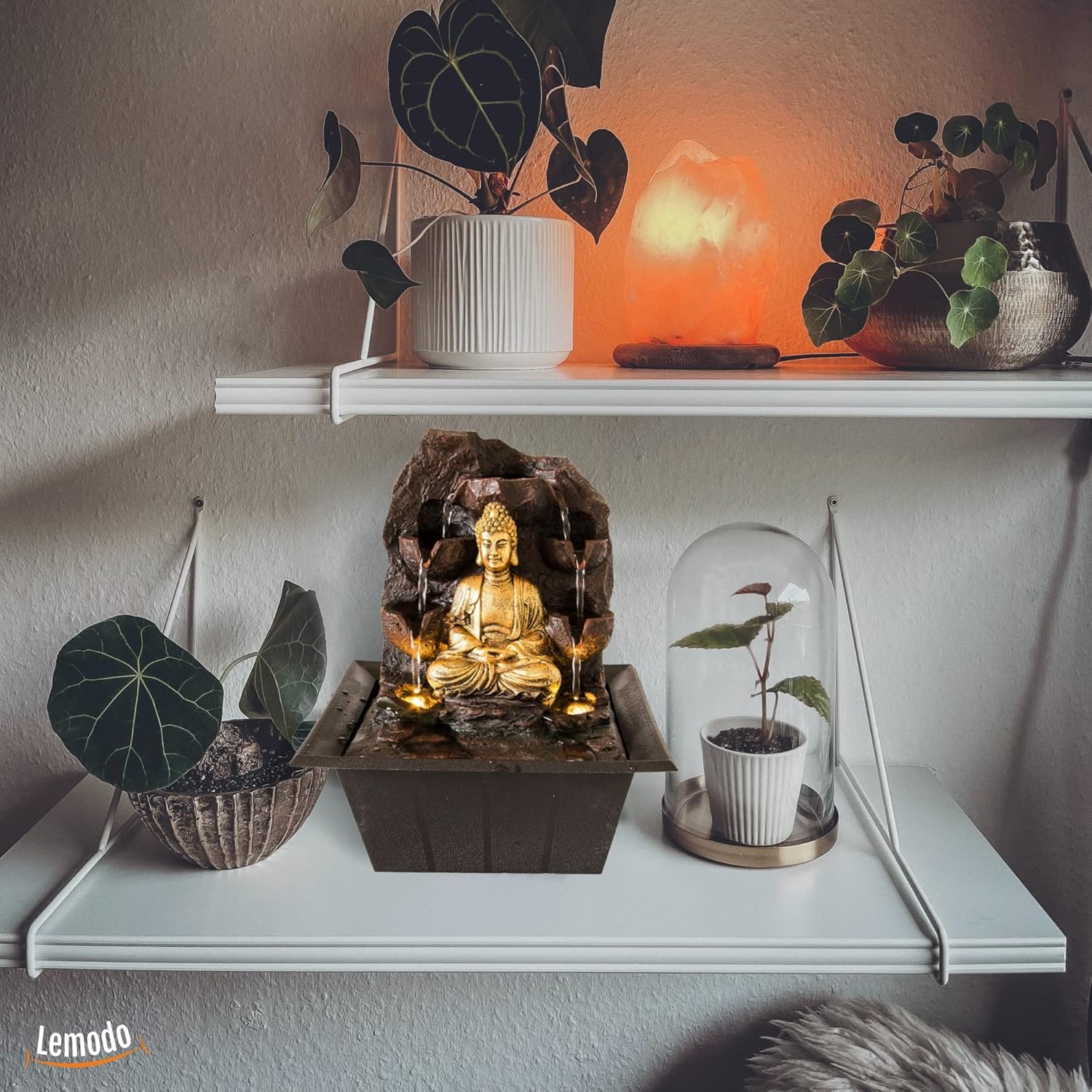 Indoor Fountain Golden Buddha with LED Lighting Table Fountain with Waterfall Decorative Fountain in Rock Look Zen Feel-Good Fountain for Home