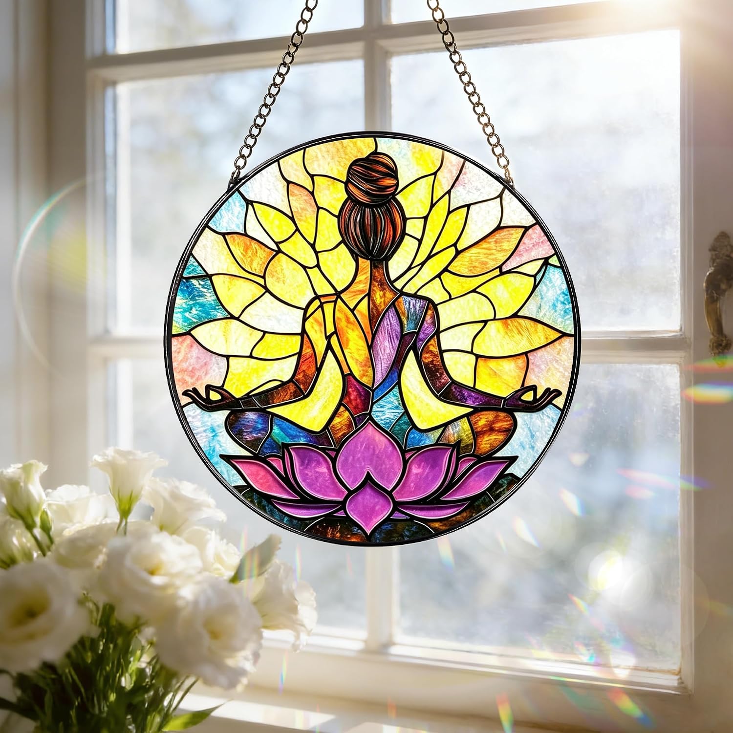 Stained Glass Window Hanging, 7.8 Inch Yoga Stained Glass Suncatcher, Boho Window Hanging Decor, Yoga Decor, Spiritual Healing Gift, Great Gift Ideas, Gifts for Women, Gifts for Christmas & Holiday