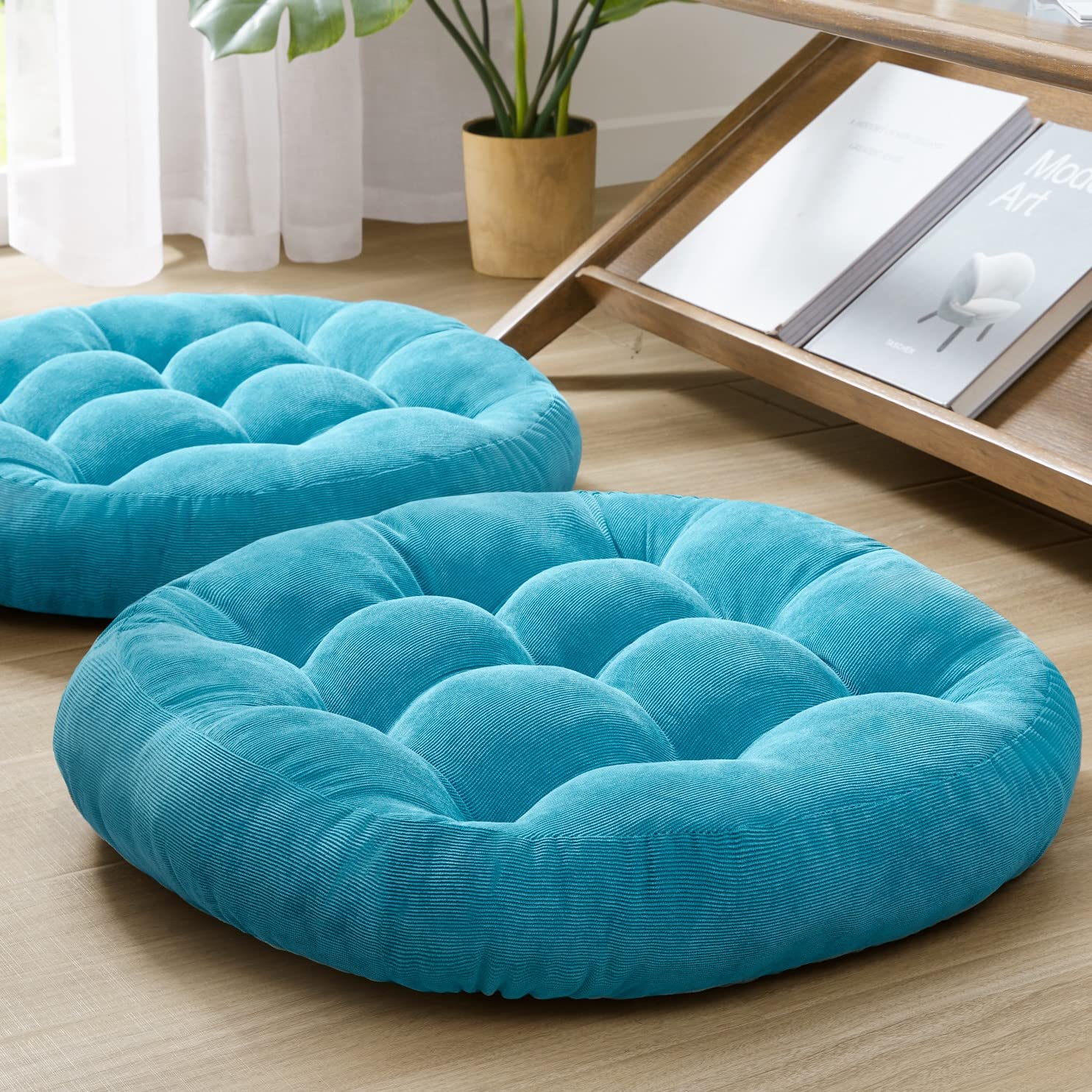Degrees of Comfort Meditation Floor Pillow, Square Large Pillows Seating for Adults, Tufted Corduroy Thick Cushion for Living Room Tatami, Turquoise, 22x22 Inch