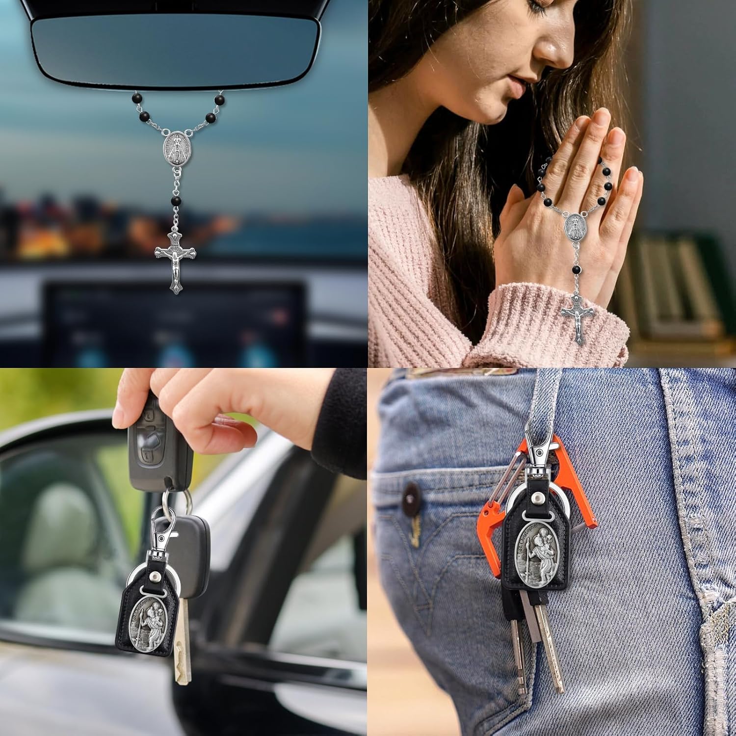 Autorosenkranz Katholisch Anhänger Für Spiegel mit Heiliger Christophorus Schlüsselanhänger Samt Geschenkbeutel Gebetskette Christlich Auto Schutzpatron Autofahrer Auto-Hängezubehör Für Damen Herren